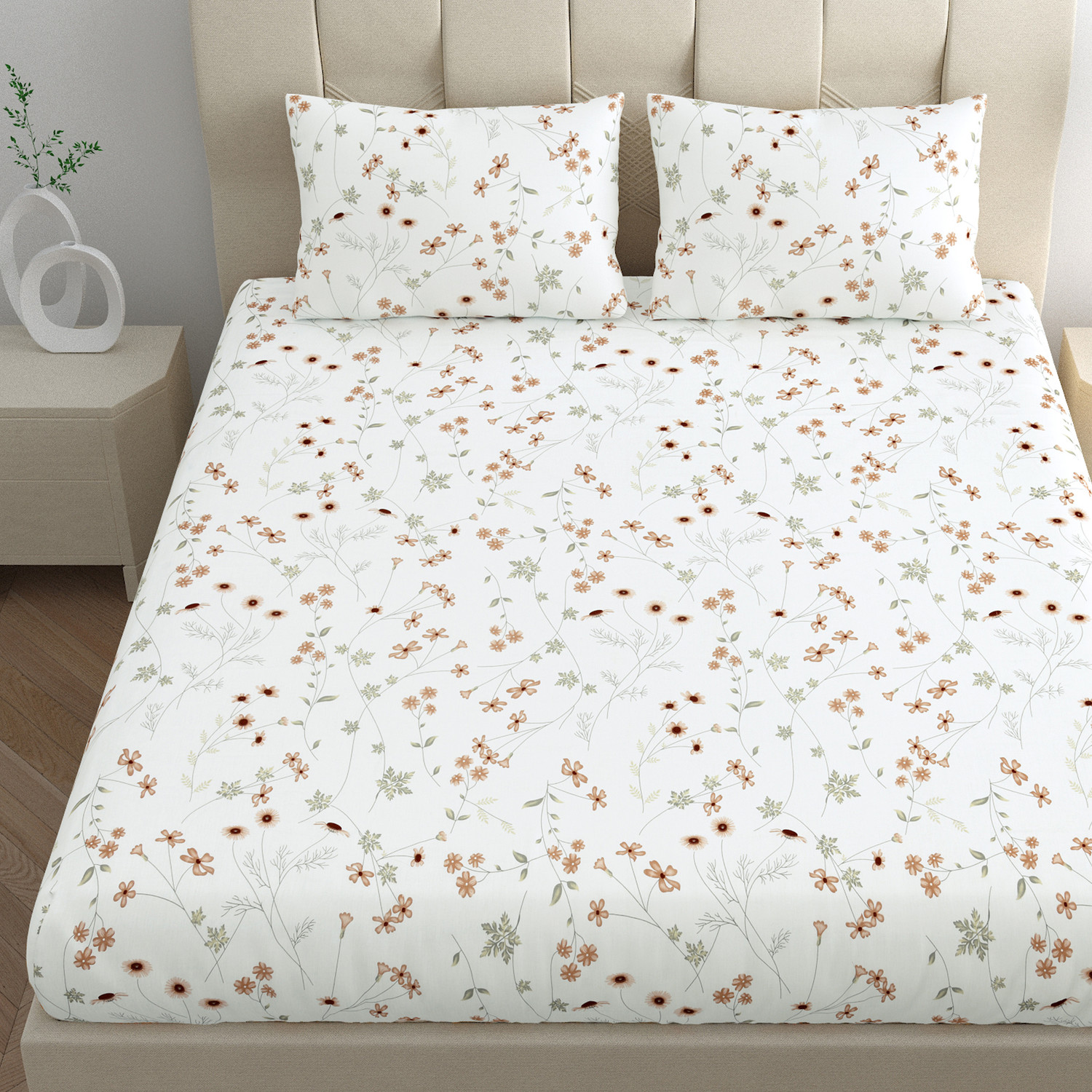 Image of LINENWALAS Cotton Queen Fitted (Elastic) 300 TC Floral 1 Bedsheet with 2 Pillow Covers