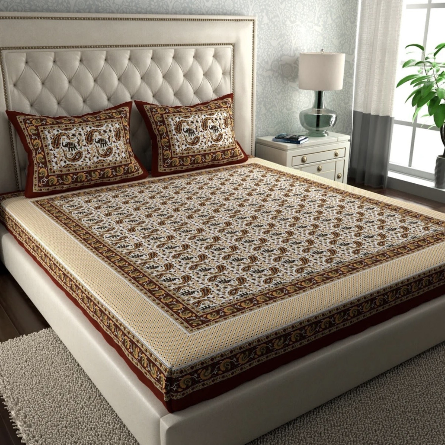 Image of Manshar Cotton Double Flat 144 TC Jaipuri Prints 1 Bedsheet with 2 Pillow Covers (Brown)