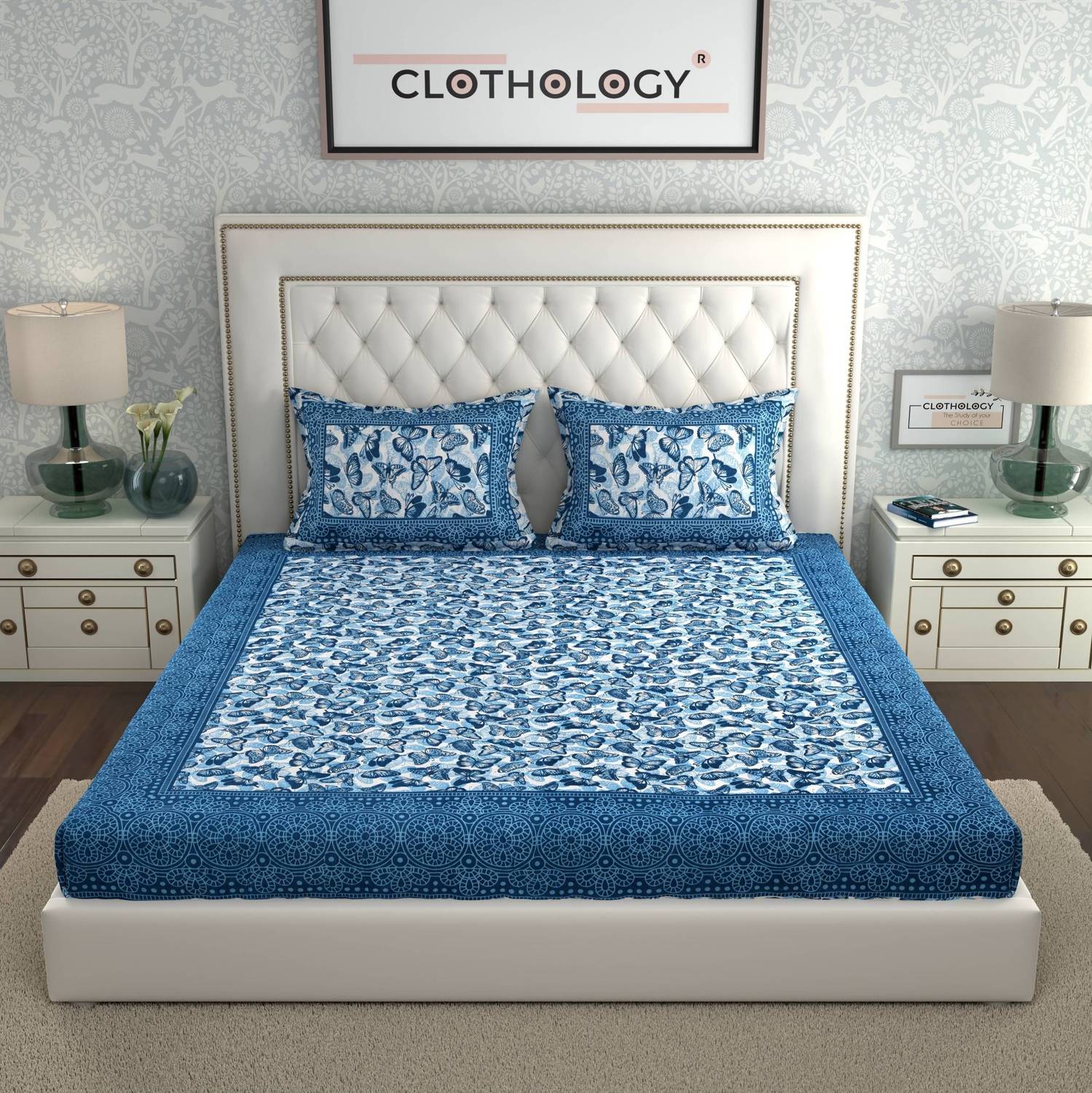 CLOTHOLOGY Cotton Double Flat 144 TC Jaipuri Prints 1 Bedsheet wi