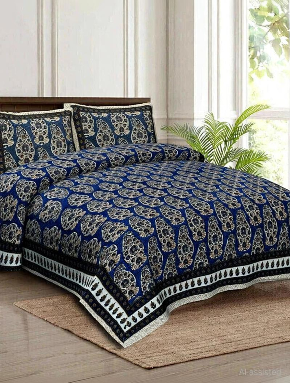 Image of CLOTHOLOGY Cotton King Flat 240 TC Jaipuri Prints 1 Bedsheet with 2 Pillow Covers