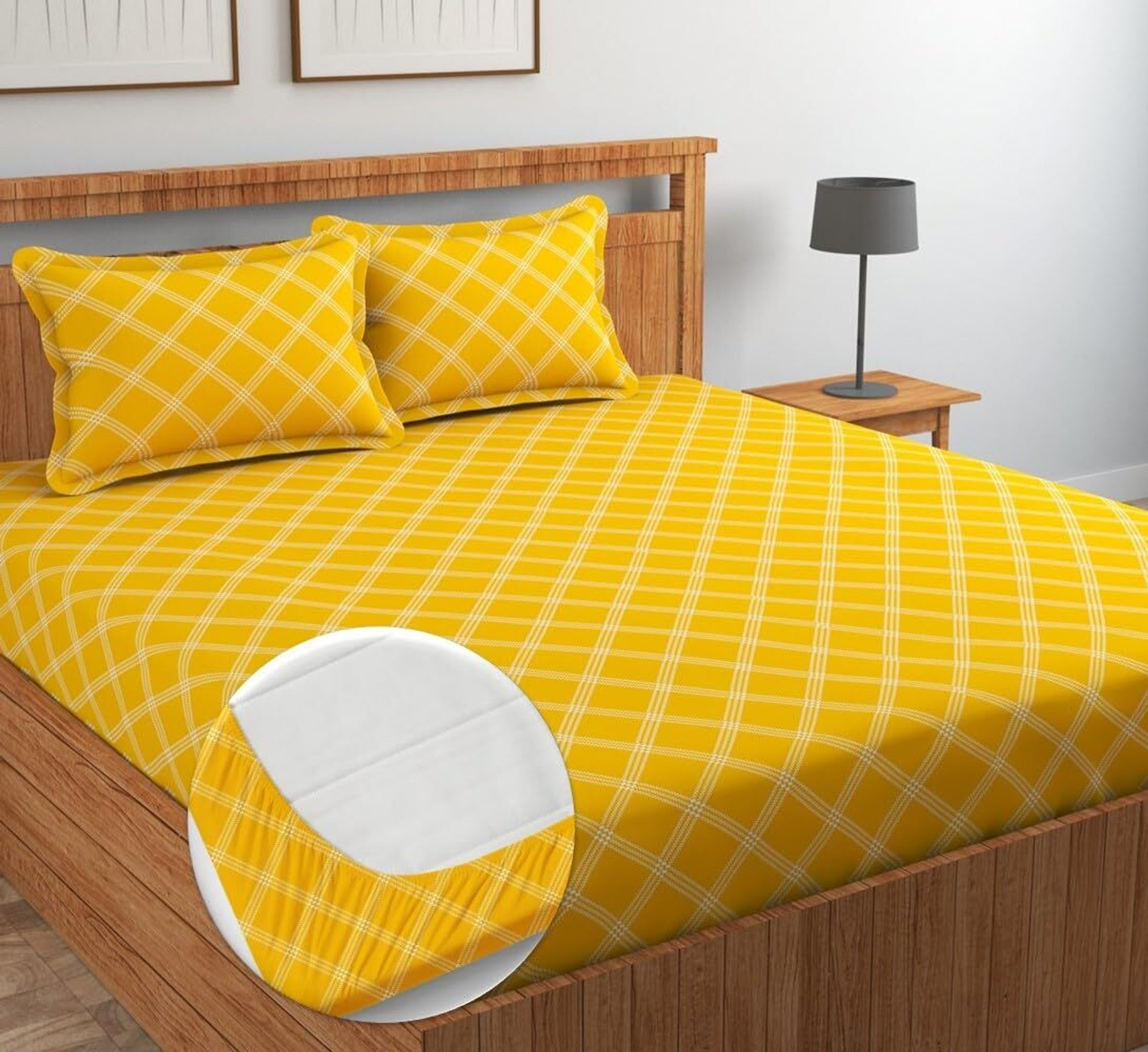 Image of VICHTA Cotton King Fitted (Elastic) 220 TC Checkered 1 Summer Bedsheet with 2 Pillow Covers
