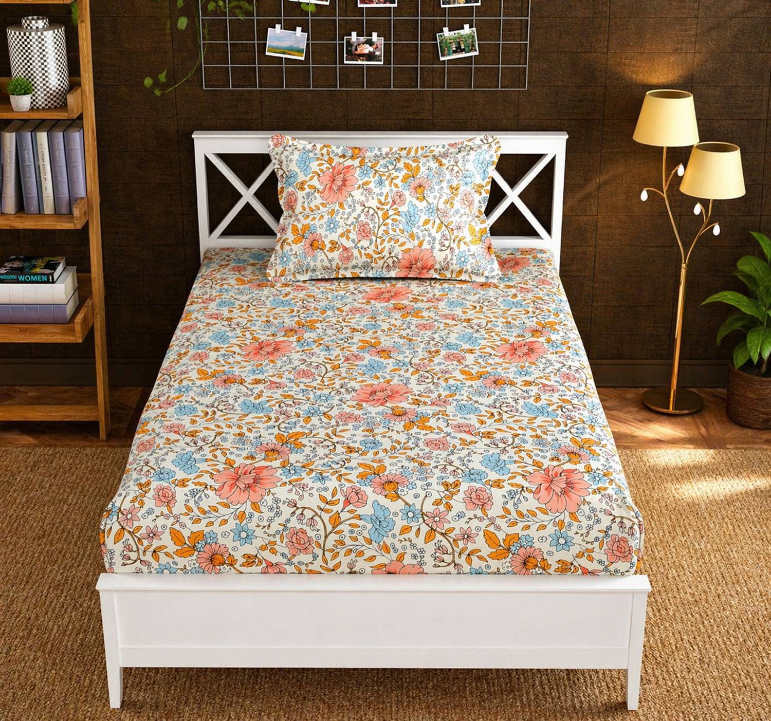 BBSPED Cotton Single Flat 223 TC Floral 1 Summer Bedsheet with 1 Cushion Covers