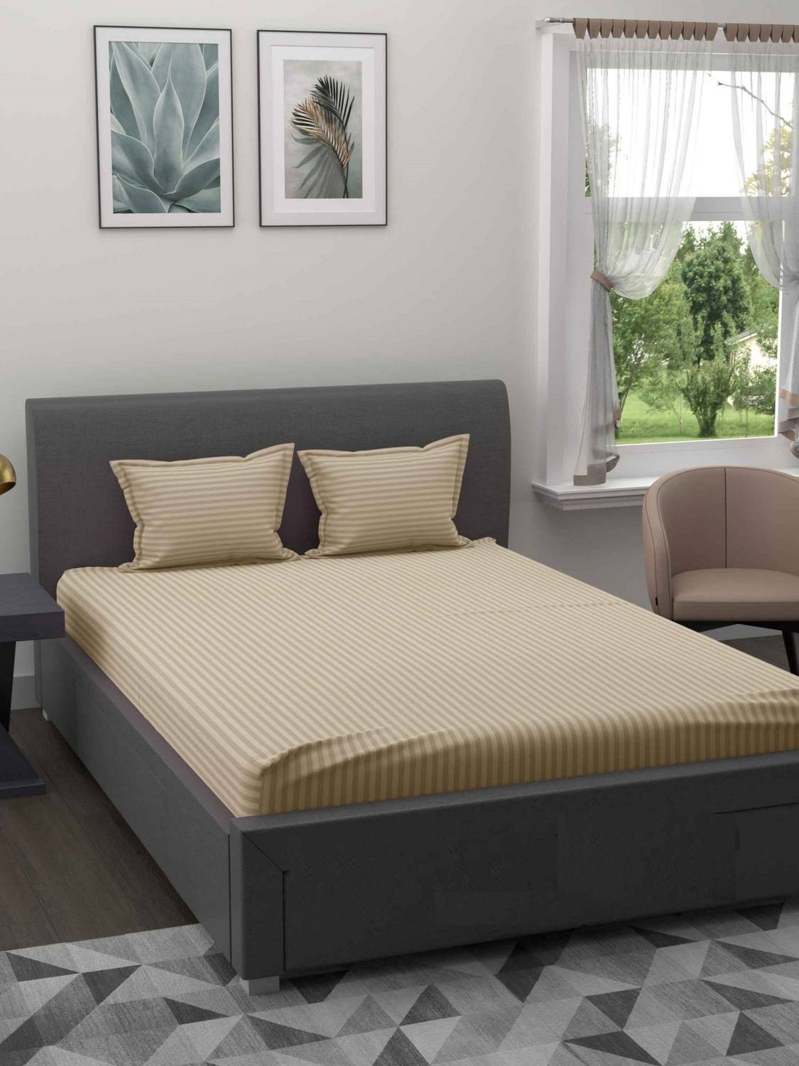 BROMWICK Microfiber Double Flat 300 TC Striped 1 Bedsheet with 2
