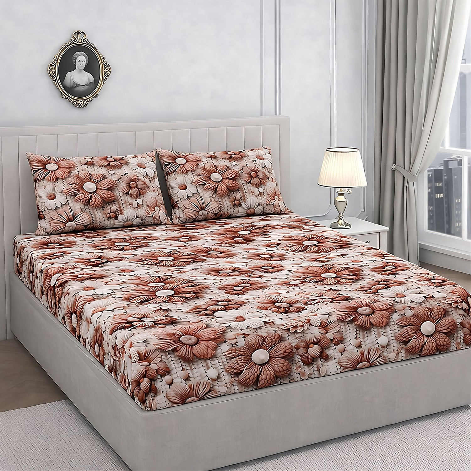 Image of Ulom Cotton Blend King Fitted (Elastic) 220 TC 7D Digital 1 Bedsheet with 2 Pillow Covers