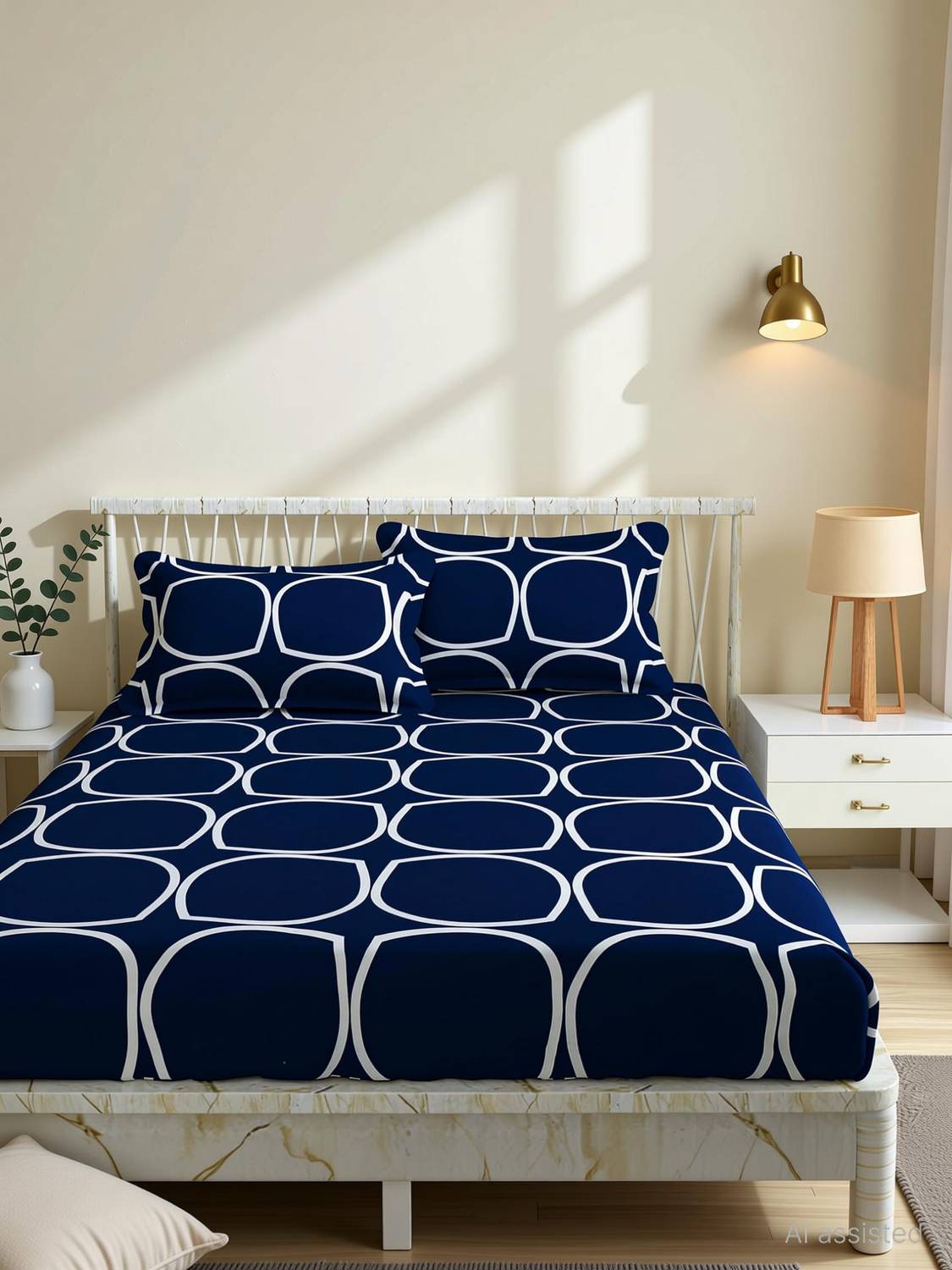 ADH Microfiber Double Fitted (Elastic) 200 TC Geometric 1 Bedsheet with 2 Pillow Covers