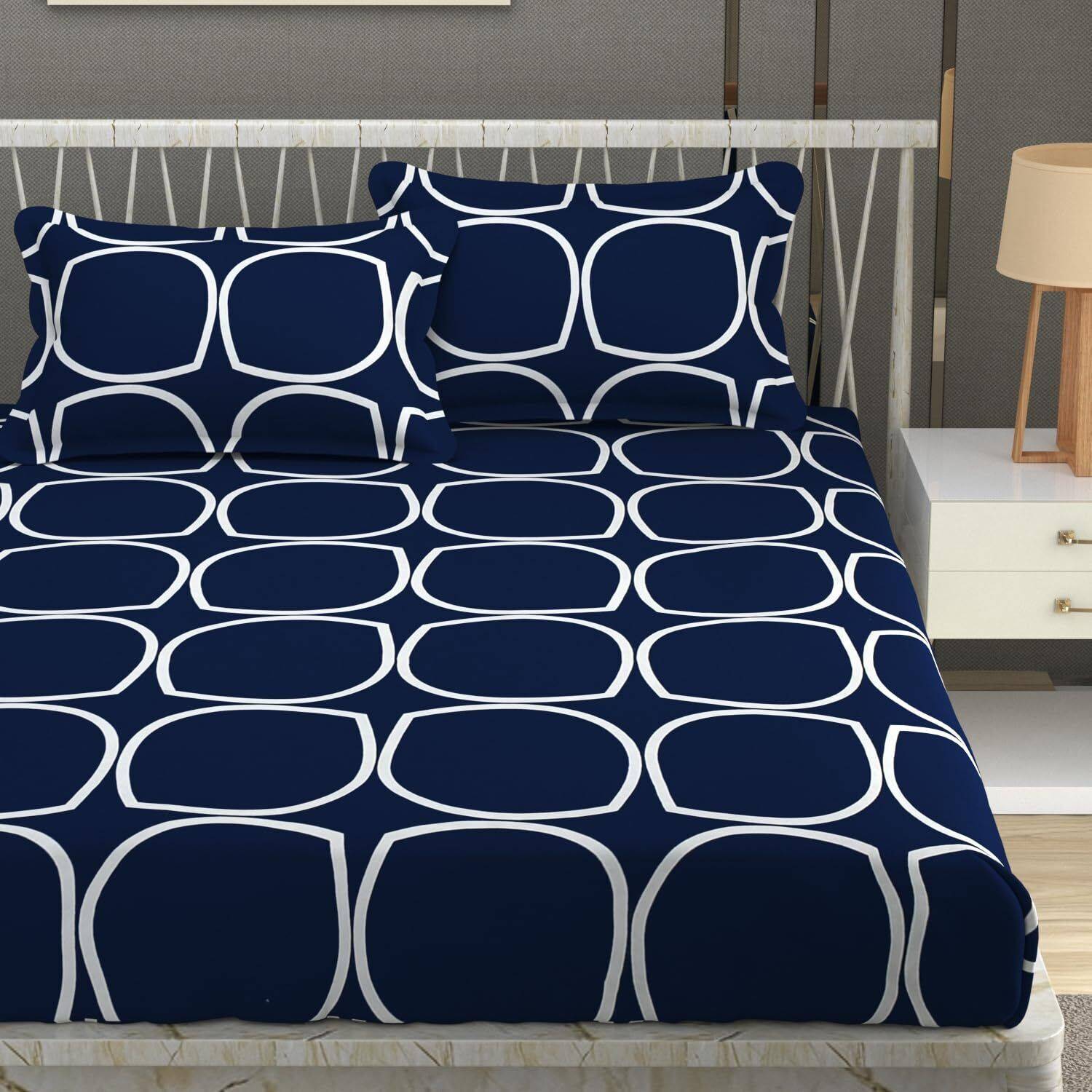 adhb Cotton Double Fitted (Elastic) 210 TC Geometric 1 Bedsheet with 2 Pillow Covers