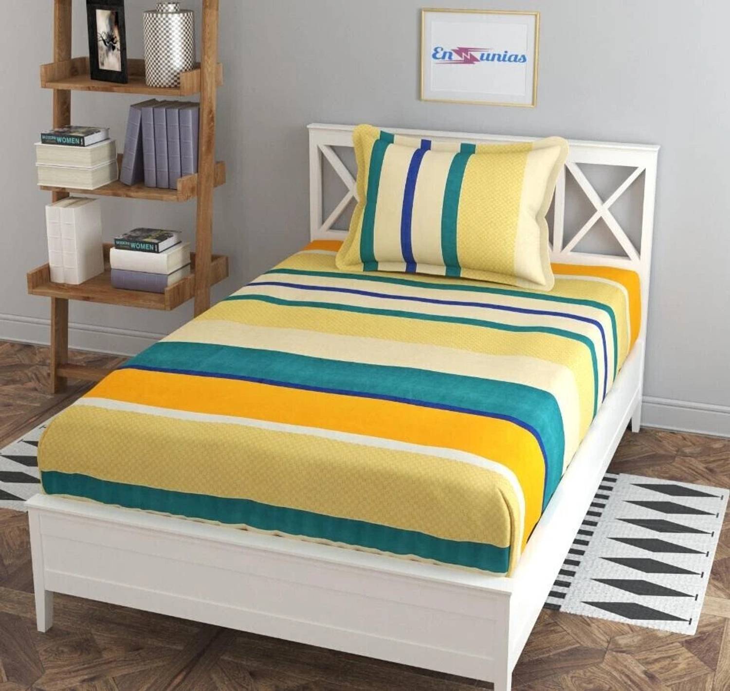 BeddingZone Cotton Single Flat 144 TC Geometric 1 Bedsheet with 2 Pillow Covers