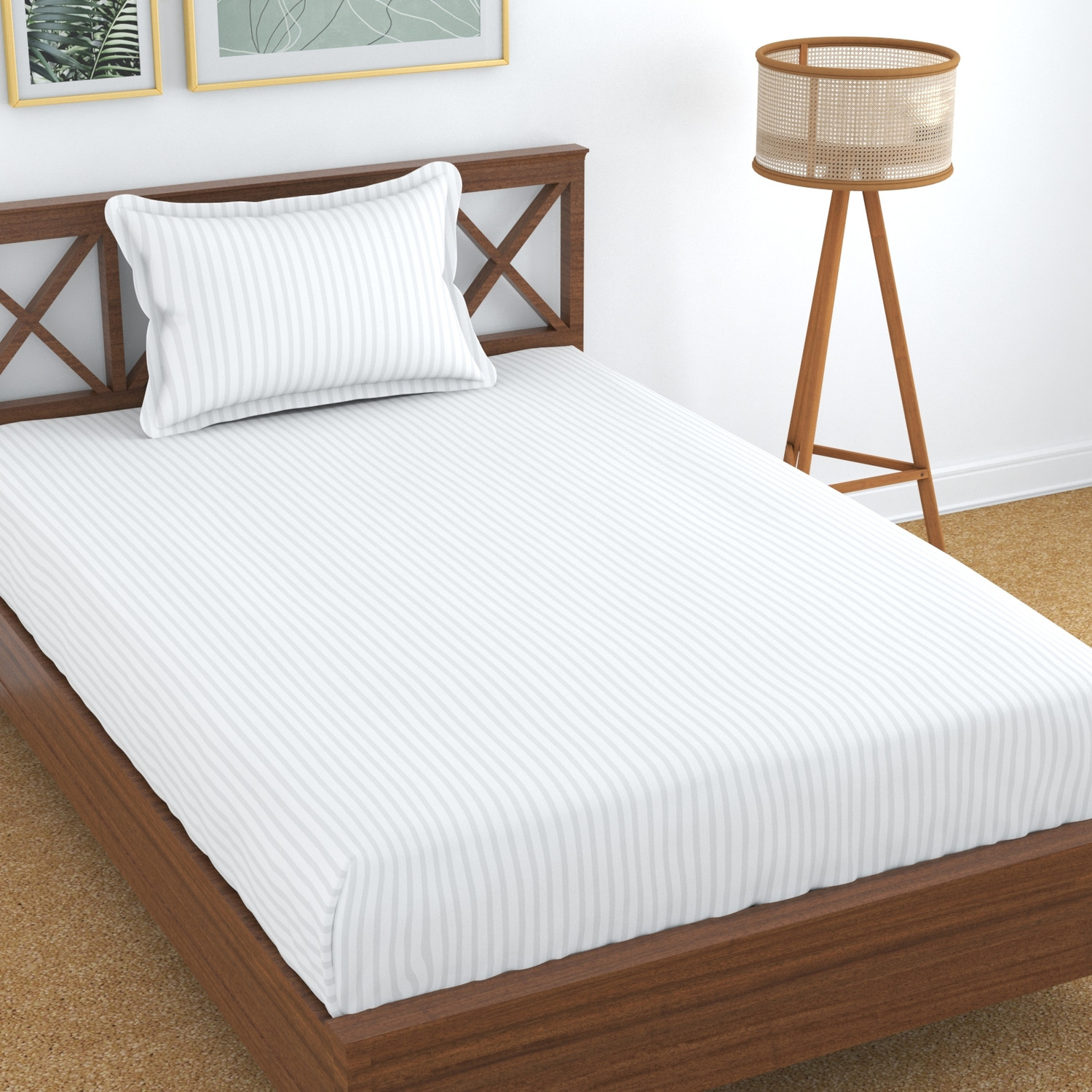 Image of Homefab India Cotton Single Flat 140 TC Striped 1 Summer Bedsheet with 2 Pillow Covers