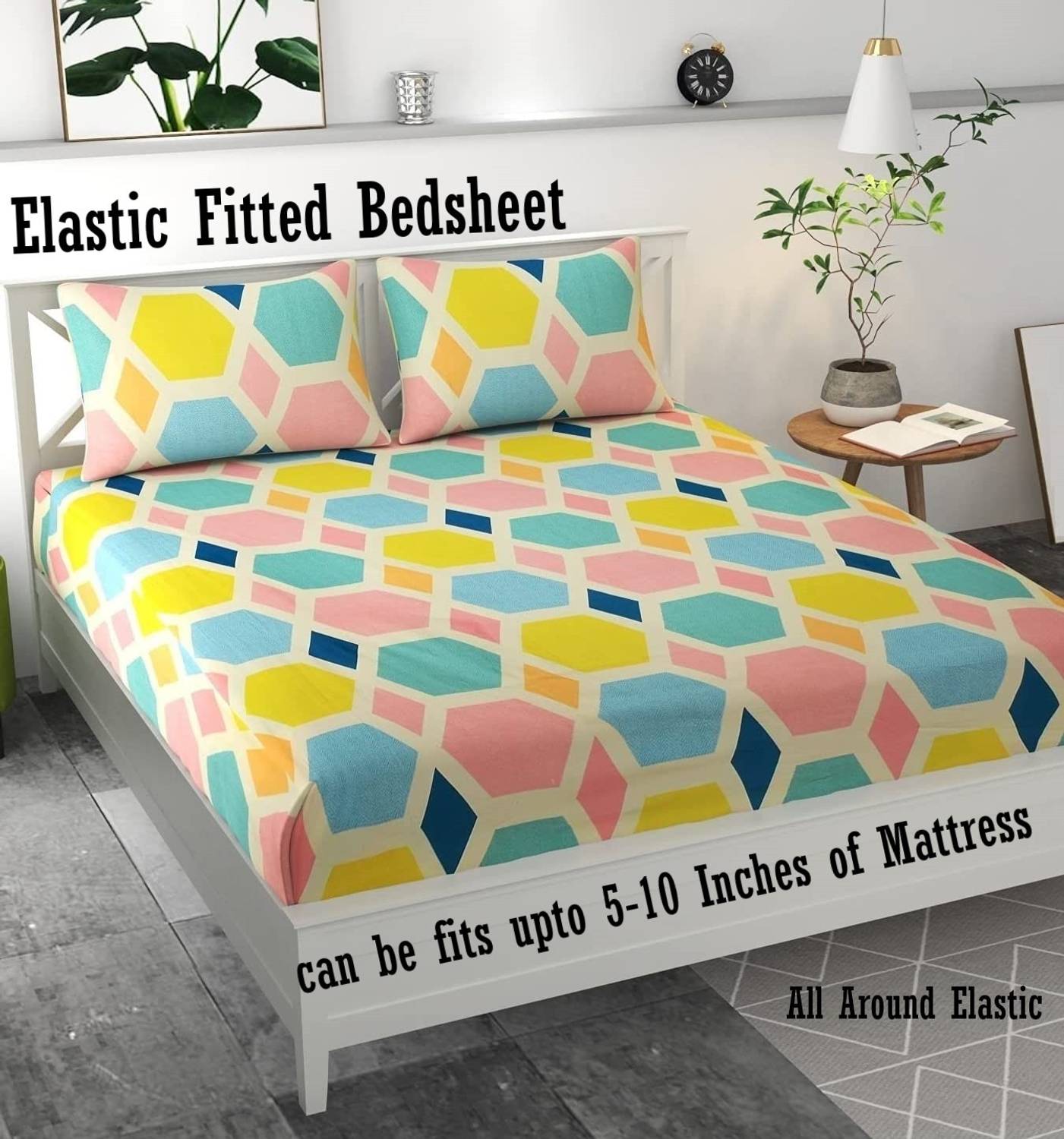 Amrange Microfiber King Fitted (Elastic) 210 TC 3D Printed 1 Bedsheet with 2 Pillow Covers