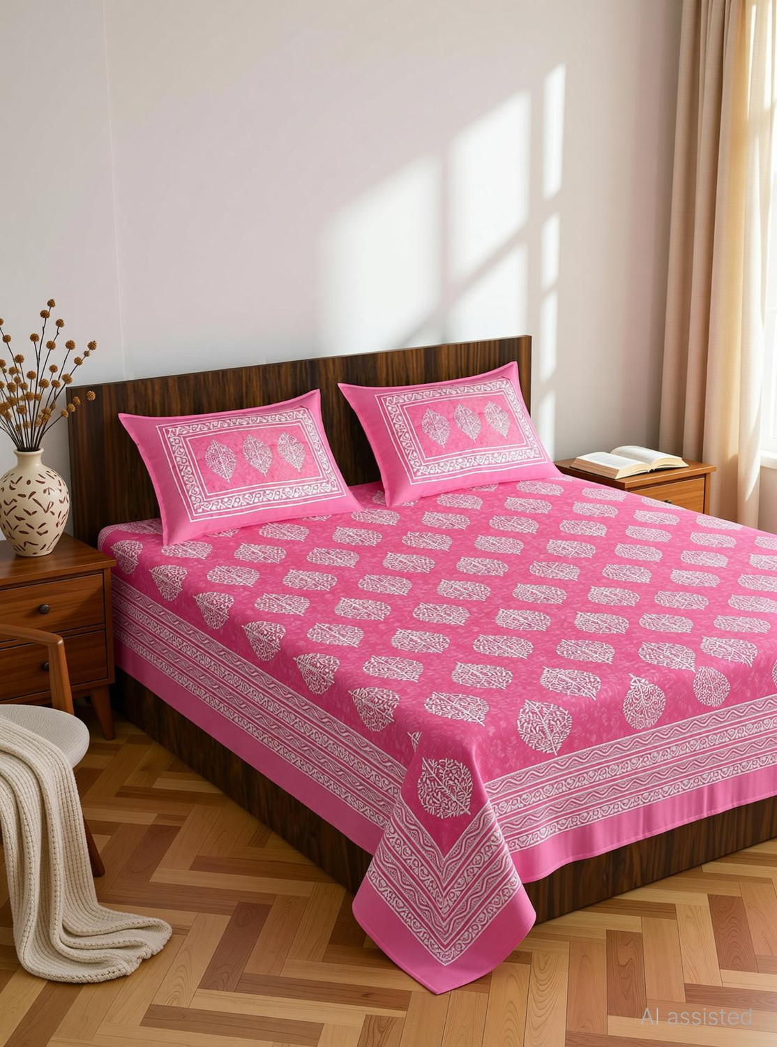 Image of MONAYRA Cotton Double Flat 144 TC Jaipuri Prints 1 Bedsheet with 2 Pillow Covers