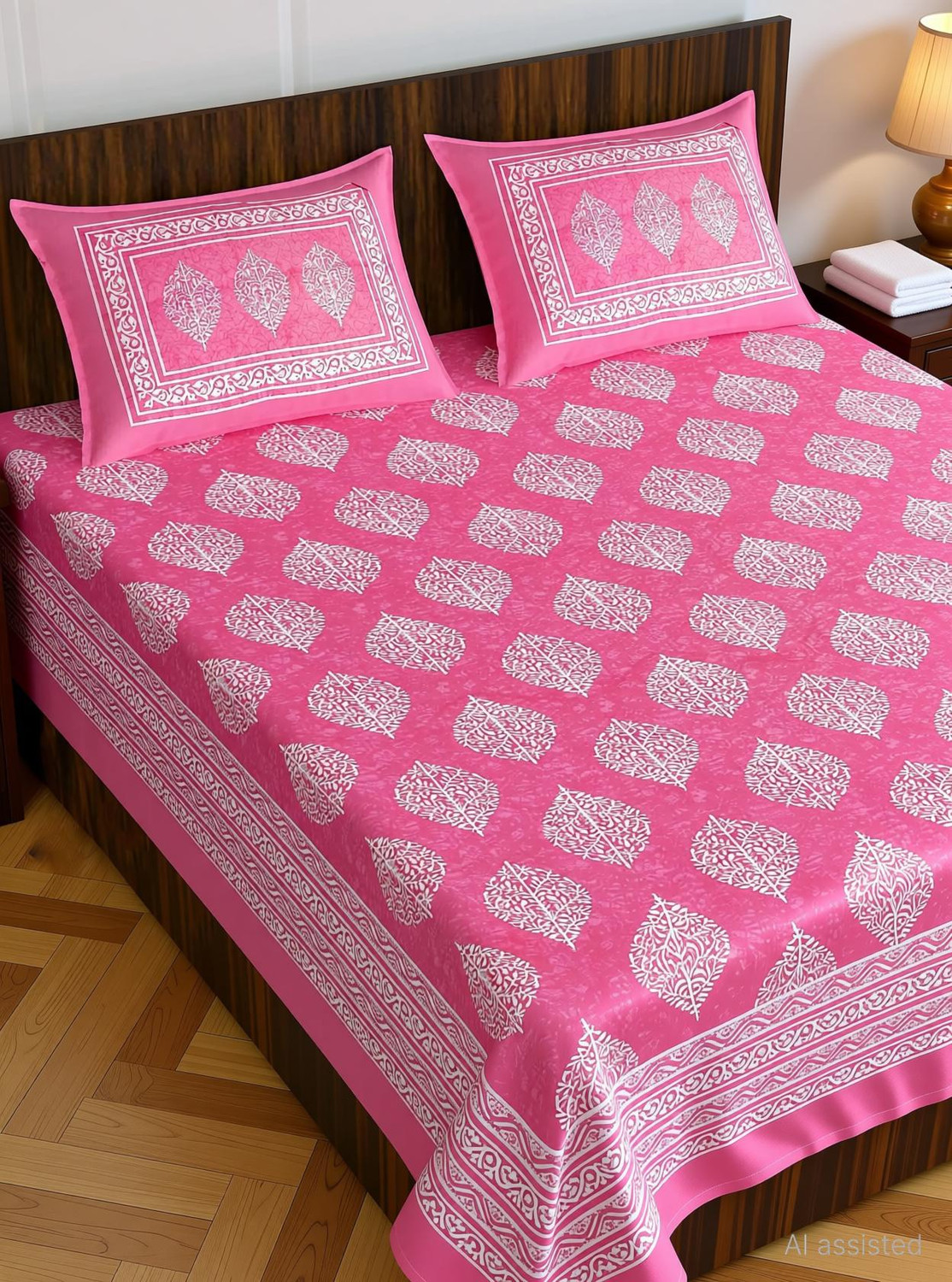 Image of MONAYRA Cotton Double Flat 144 TC Jaipuri Prints 1 Bedsheet with 2 Pillow Covers