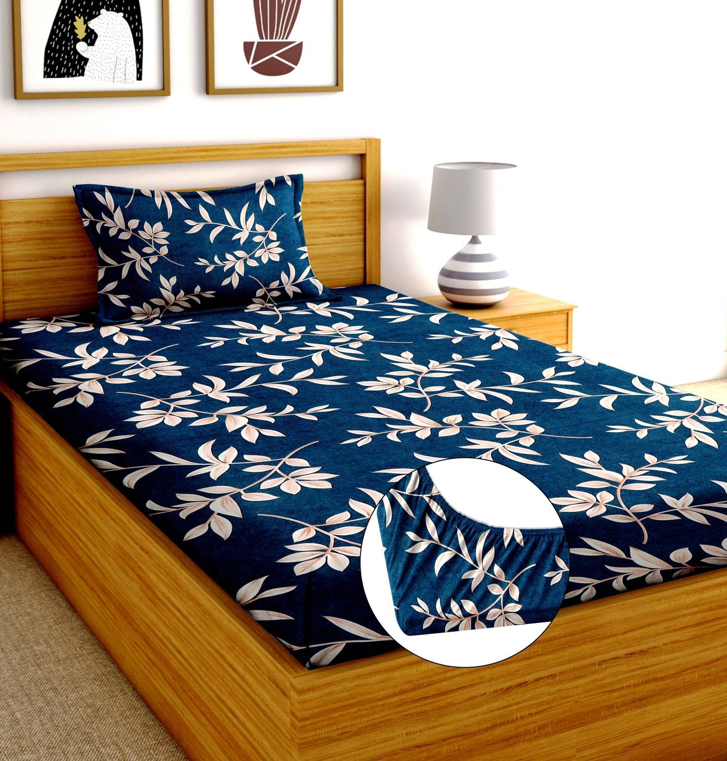 BM Decor Cotton Single Fitted (Elastic) 240 TC Printed 1 Summer Bedsheet