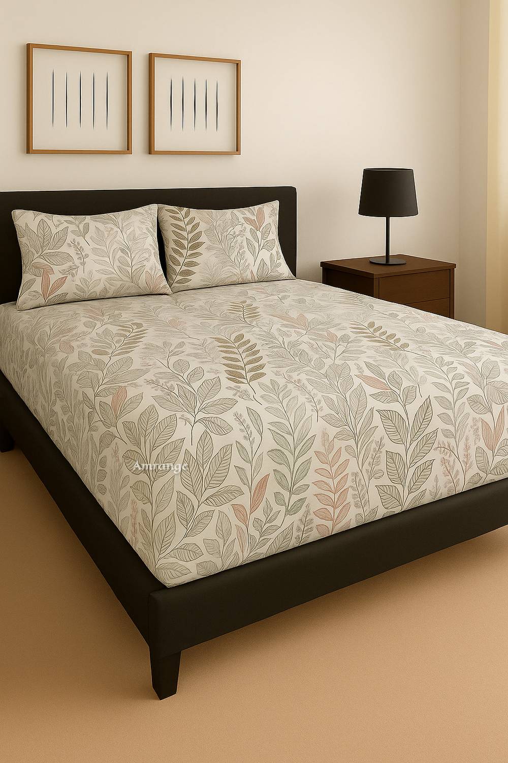 Amrange Cotton King Fitted (Elastic) 210 TC 3D Printed 1 Bedsheet with 2 Pillow Covers