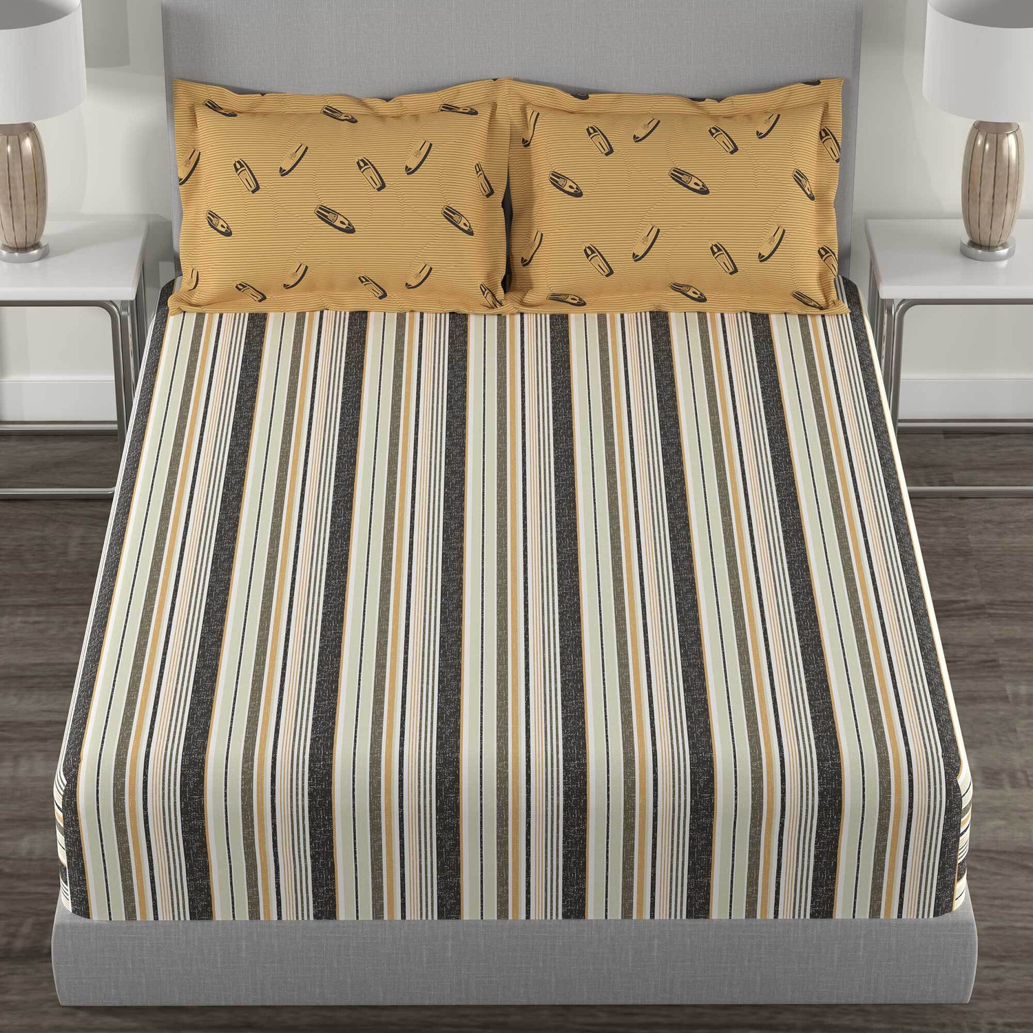 Image of MYTRIDENT Cotton Queen Flat 144 TC Geometric 1 Bedsheet with 2 Pillow Covers