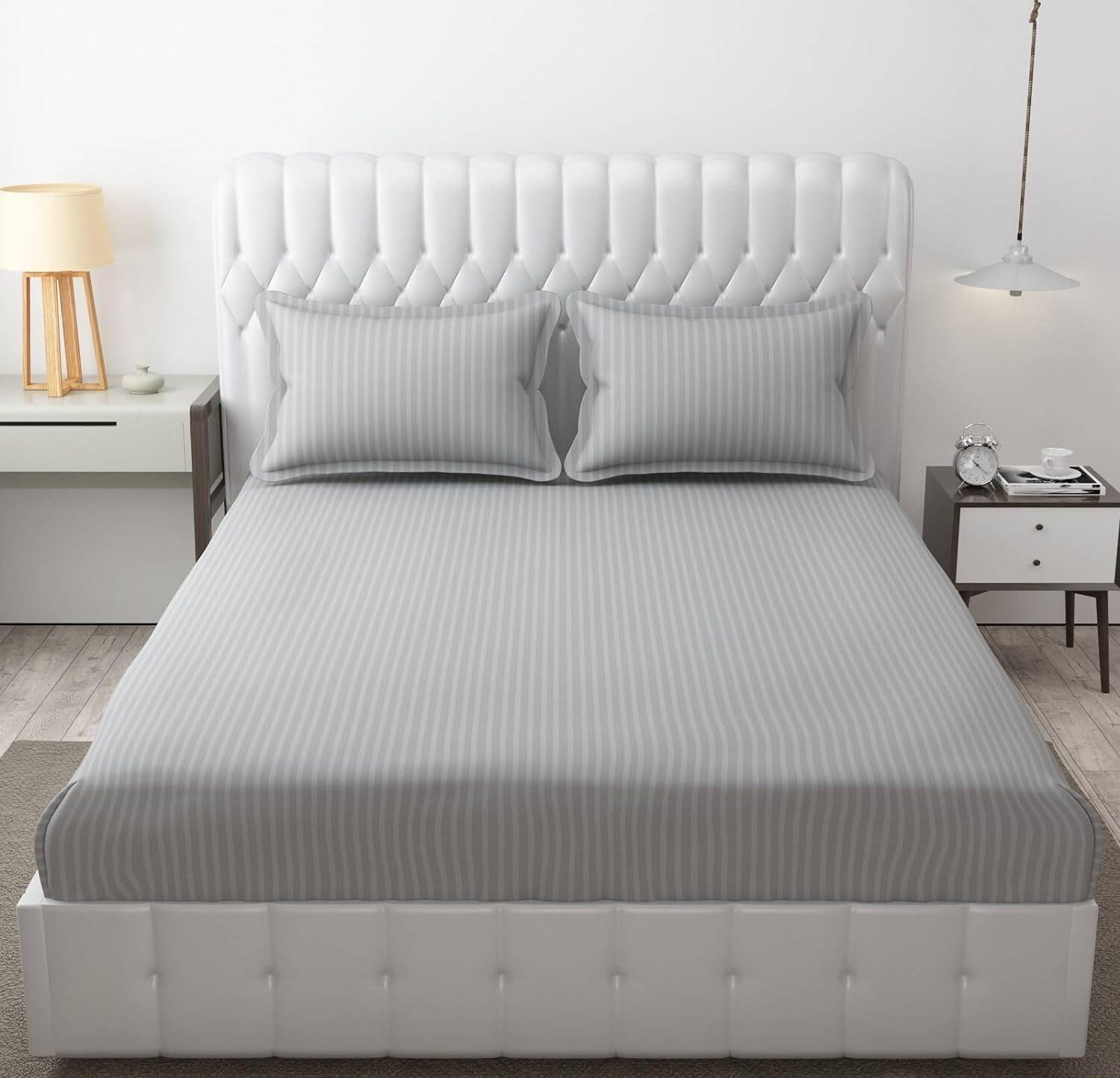 DreamLinen Cotton Queen Flat 250 TC Striped 1 Bedsheet with 2 Pillow Covers