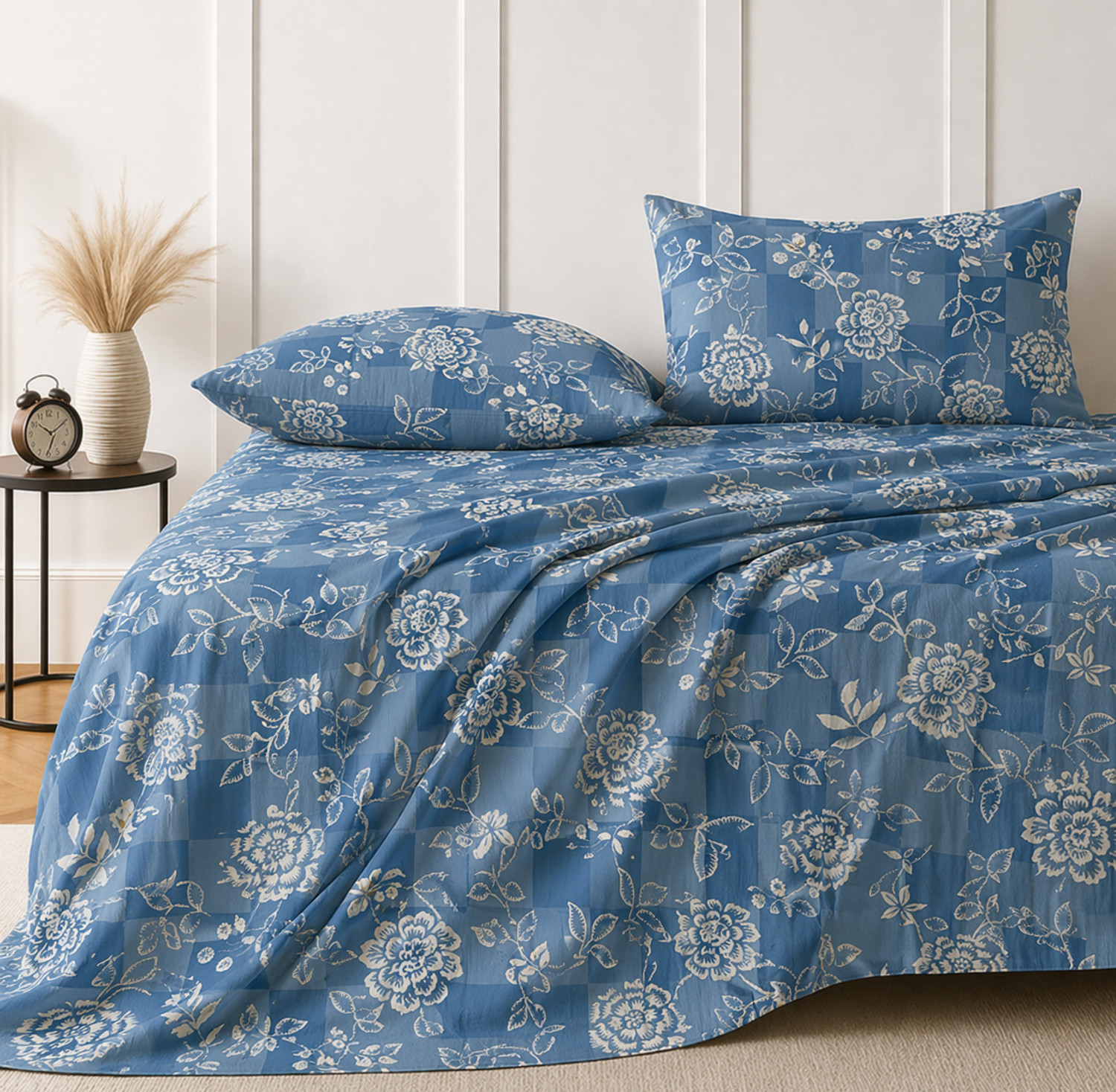 Image of Amrange Cotton Super King Flat 300 TC Floral 1 Bedsheet with 2 Pillow Covers