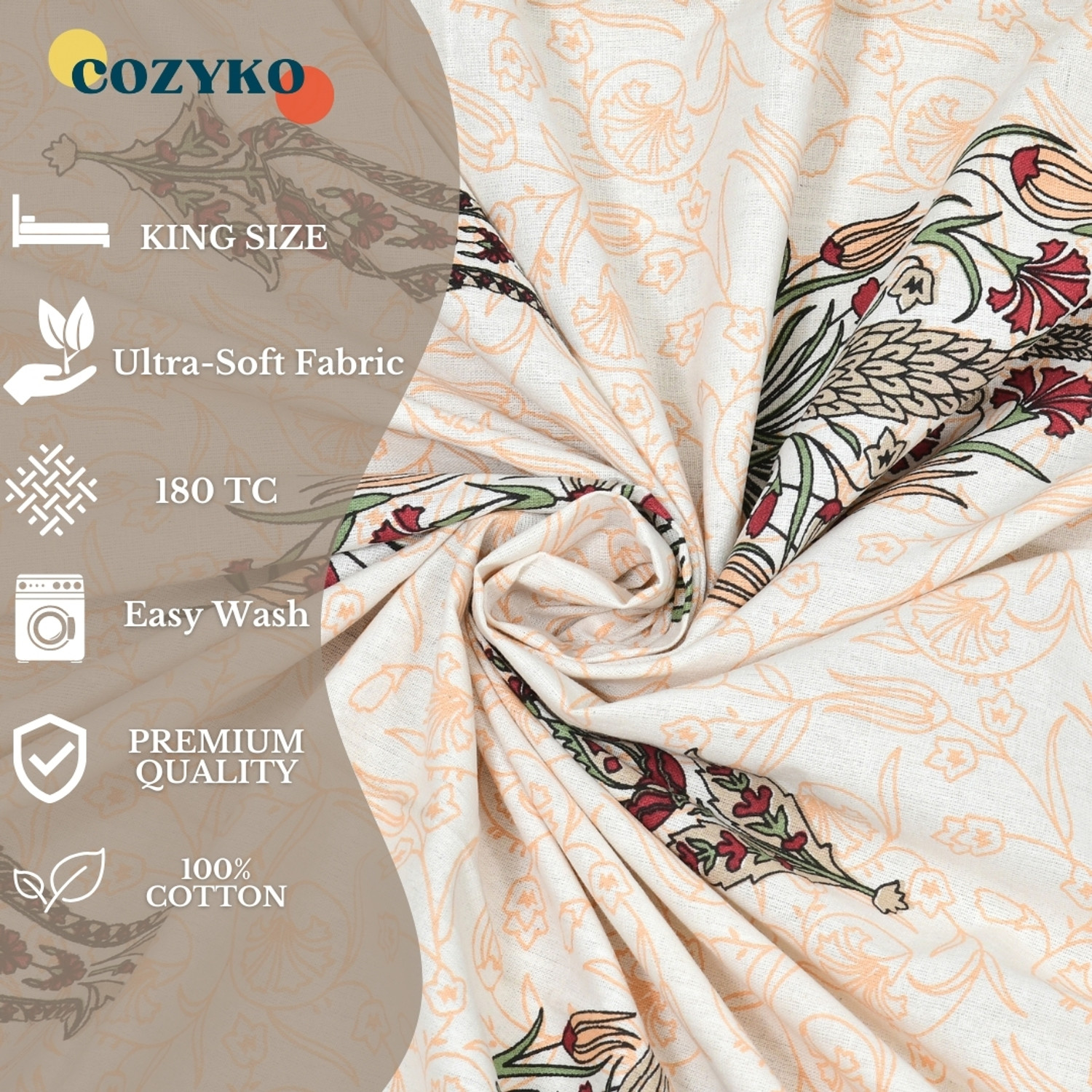 Image of COZYKO Cotton King Flat 200 TC Jaipuri Prints 1 Bedsheet with 2 Pillow Covers
