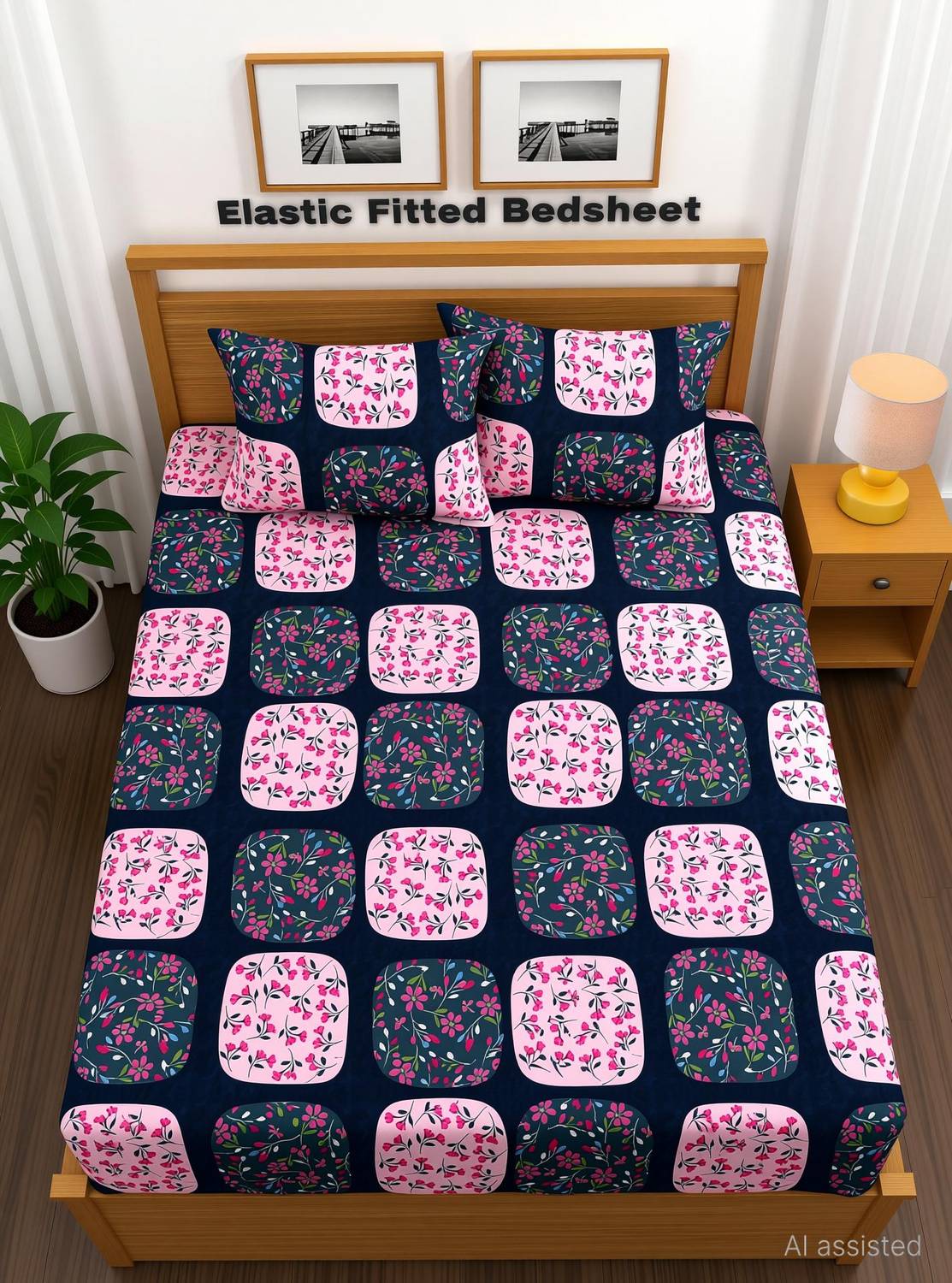 Amrange Microfiber King Fitted (Elastic) 210 TC 3D Printed 1 Bedsheet with 2 Pillow Covers