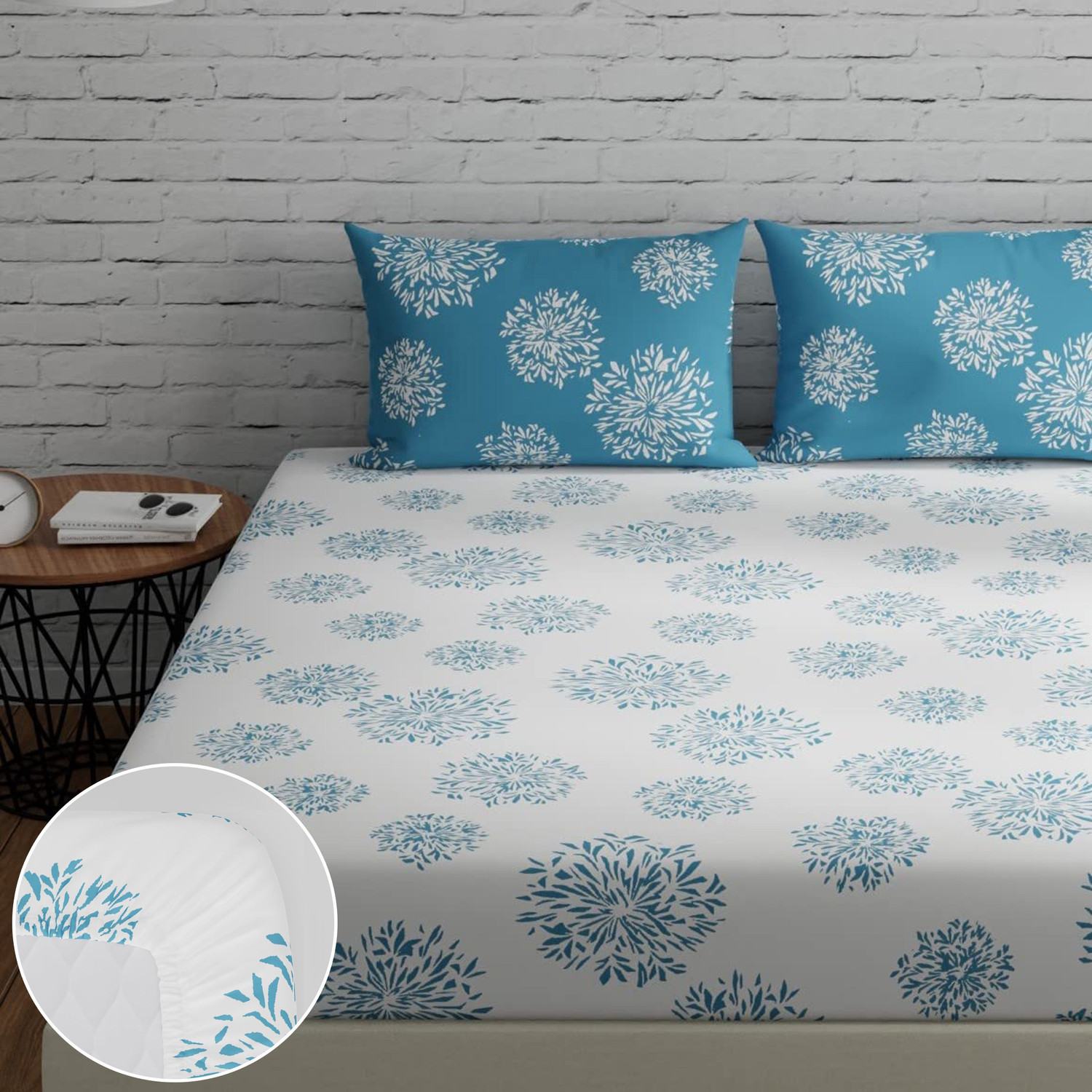 Image of Huesland Cotton Double Fitted (Elastic) 144 TC Floral 1 Bedsheet with 2 Pillow Covers