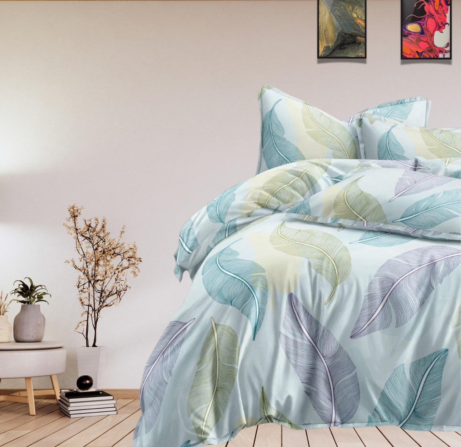 Image of CARLTON LONDON Cotton Super King Flat 300 TC Geometric 1 Bedsheet with 2 Pillow Covers (Multicolor)