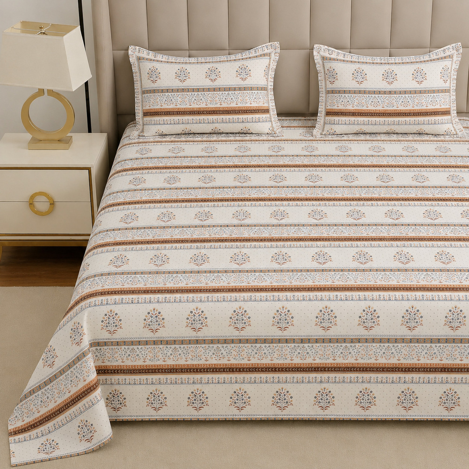 Image of Fashancy Cotton King Flat 300 TC Floral 1 Summer Bedsheet with 2 Pillow Covers