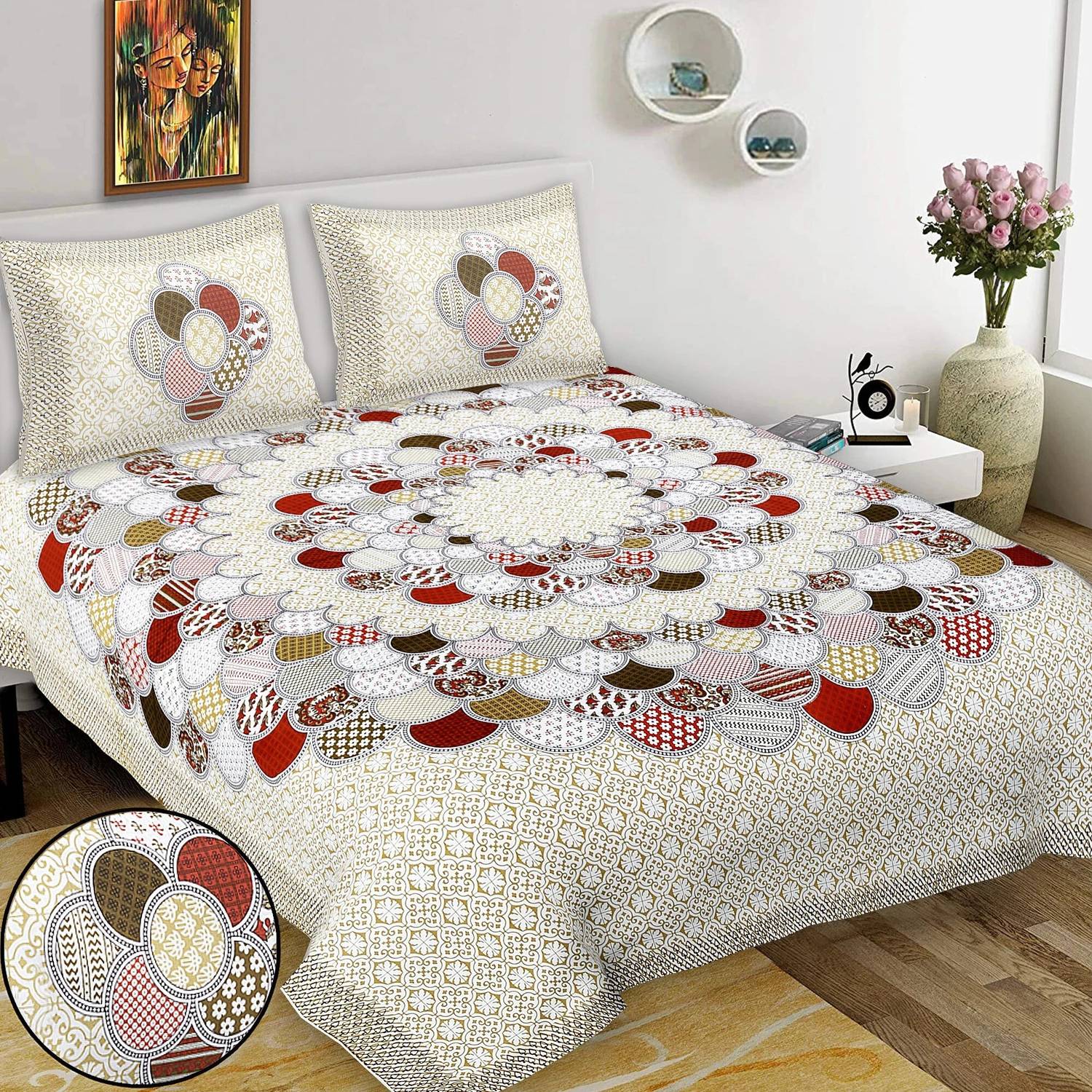 VNV Creation Cotton Double Flat 144 TC Jaipuri Prints 1 Bedsheet