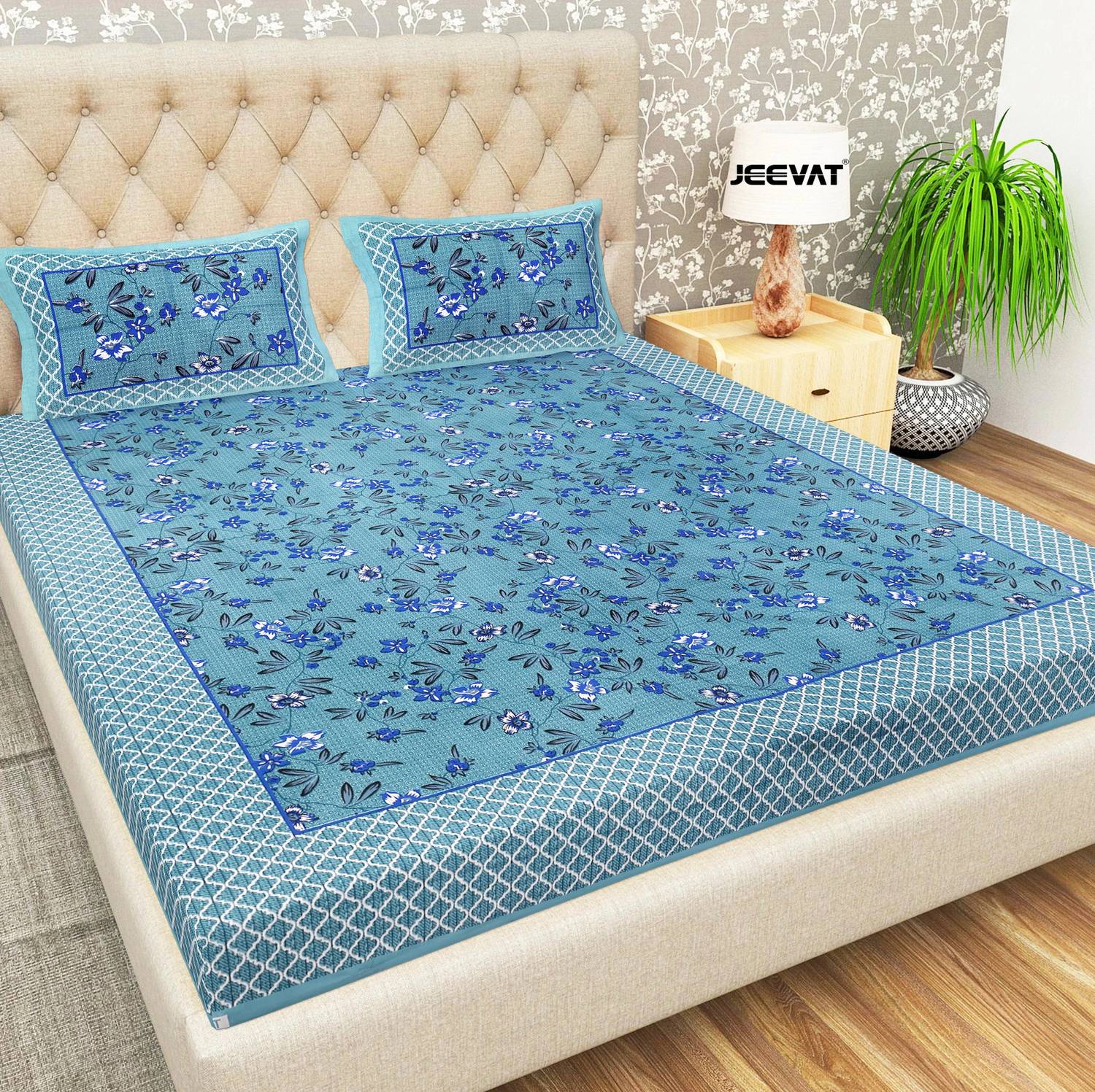 Jeevat Cotton Double Flat 144 TC Jaipuri Prints 1 Bedsheet with 2