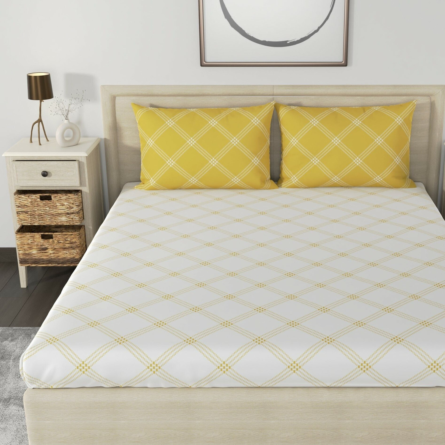 Image of Huesland Cotton King Flat 210 TC Geometric 1 Bedsheet with 2 Pillow Covers