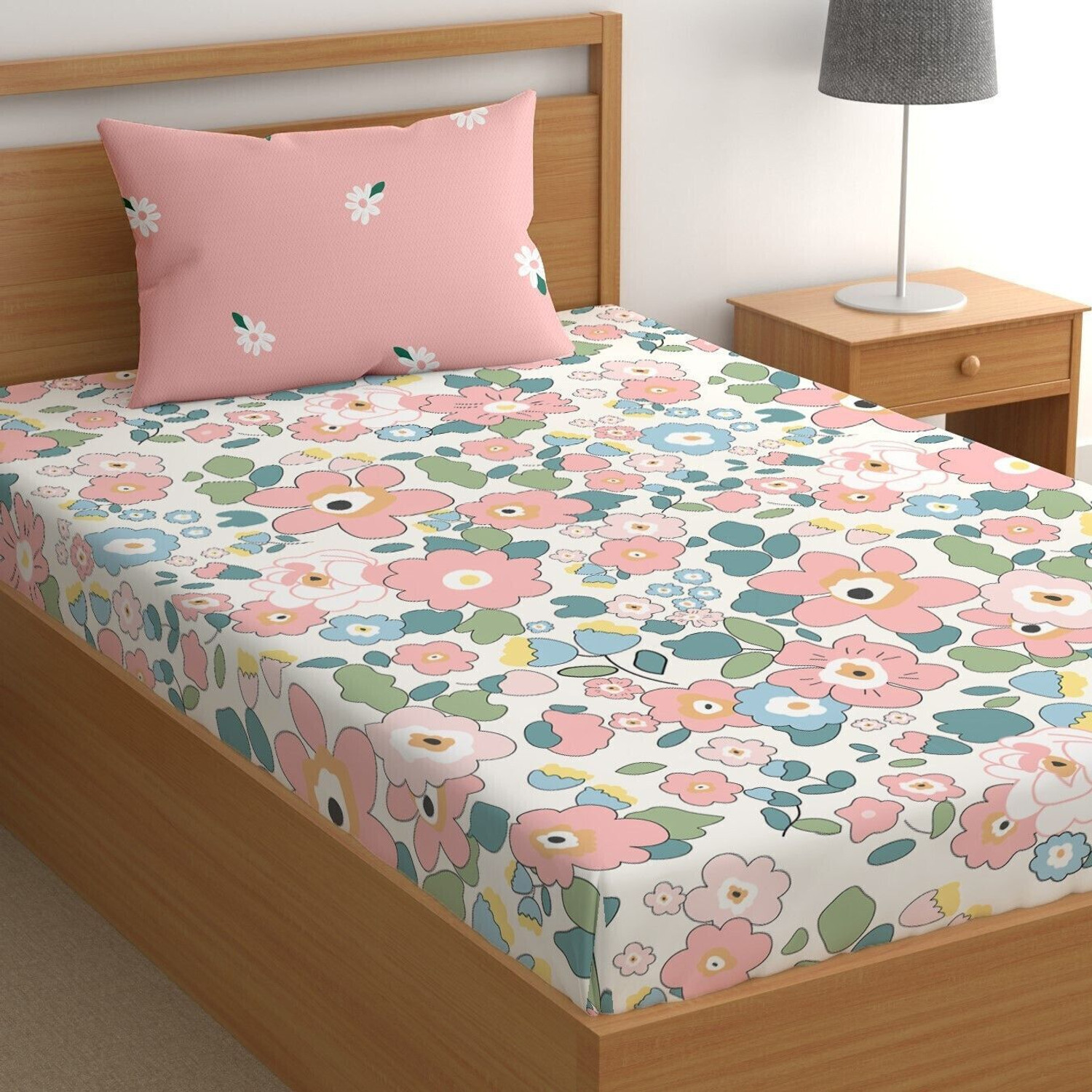 Image of CG Homes Cotton Single Flat 180 TC Printed 2 Bedsheets with 2 Pillow Covers