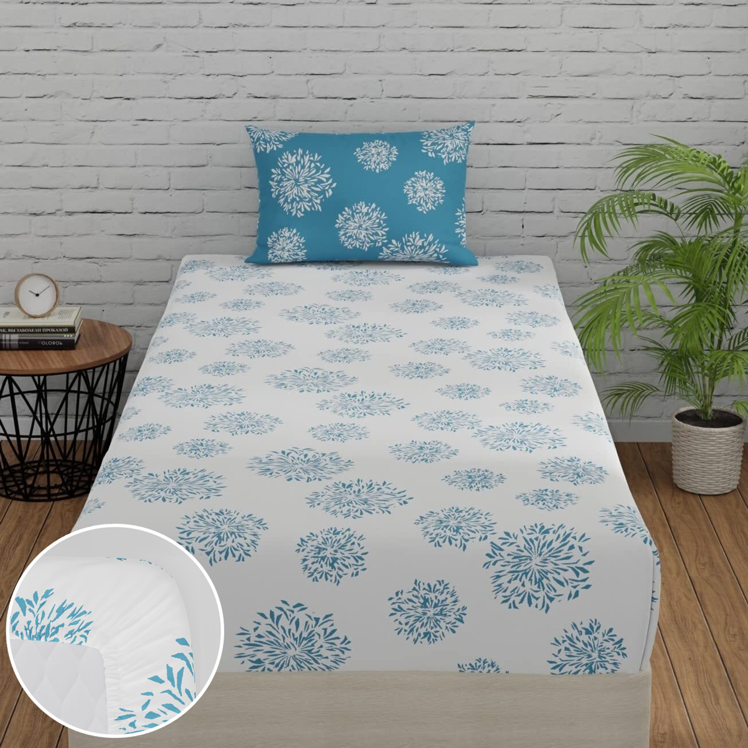 Image of Huesland Cotton Single Fitted (Elastic) 144 TC Floral 1 Bedsheet with 2 Pillow Covers