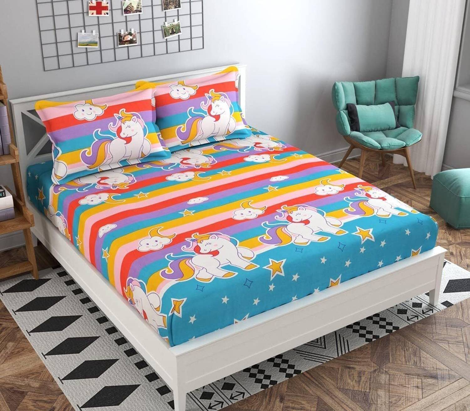 Adidev Cotton Double Fitted (Elastic) 270 TC Floral 1 Summer Bedsheet with 2 Pillow Covers