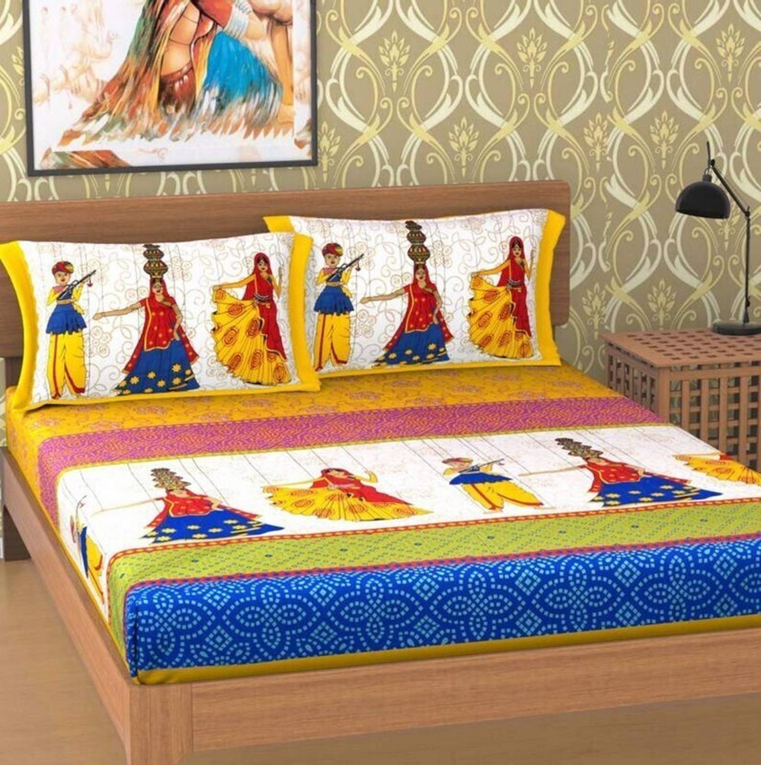 CLOTHOLOGY Cotton Double Flat 144 TC Jaipuri Prints 1 Bedsheet wi