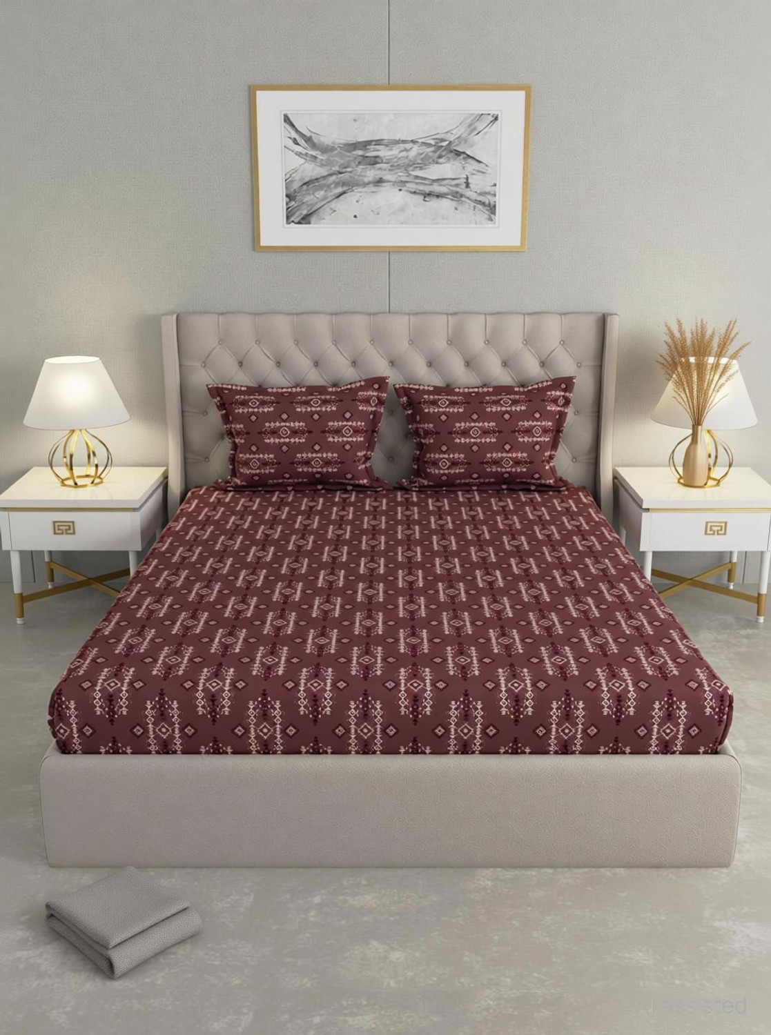 Image of Raymond Home Microfiber Double Fitted (Elastic) 110 TC Geometric 1 Bedsheet with 2 Pillow Covers