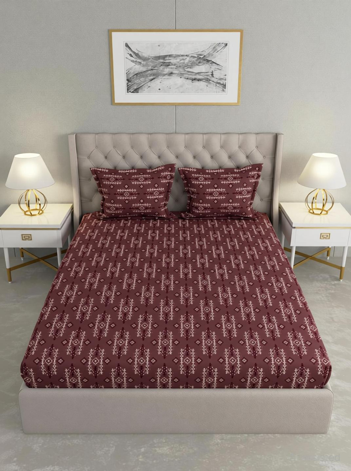 Image of Raymond Home Microfiber Double Fitted (Elastic) 110 TC Geometric 1 Bedsheet with 2 Pillow Covers