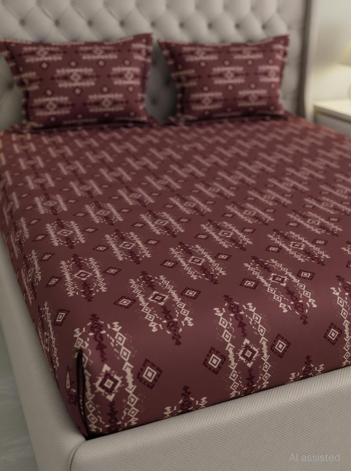 Image of Raymond Home Microfiber Double Fitted (Elastic) 110 TC Geometric 1 Bedsheet with 2 Pillow Covers