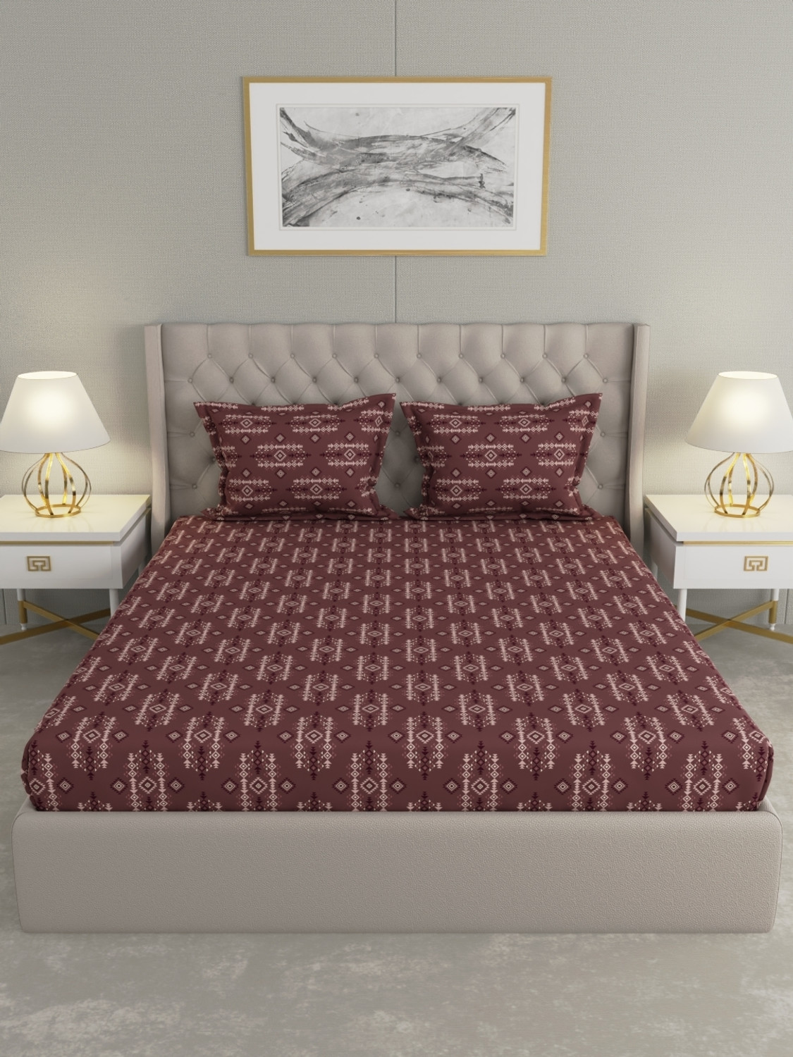 Image of Raymond Home Microfiber Double Fitted (Elastic) 110 TC Geometric 1 Bedsheet with 2 Pillow Covers