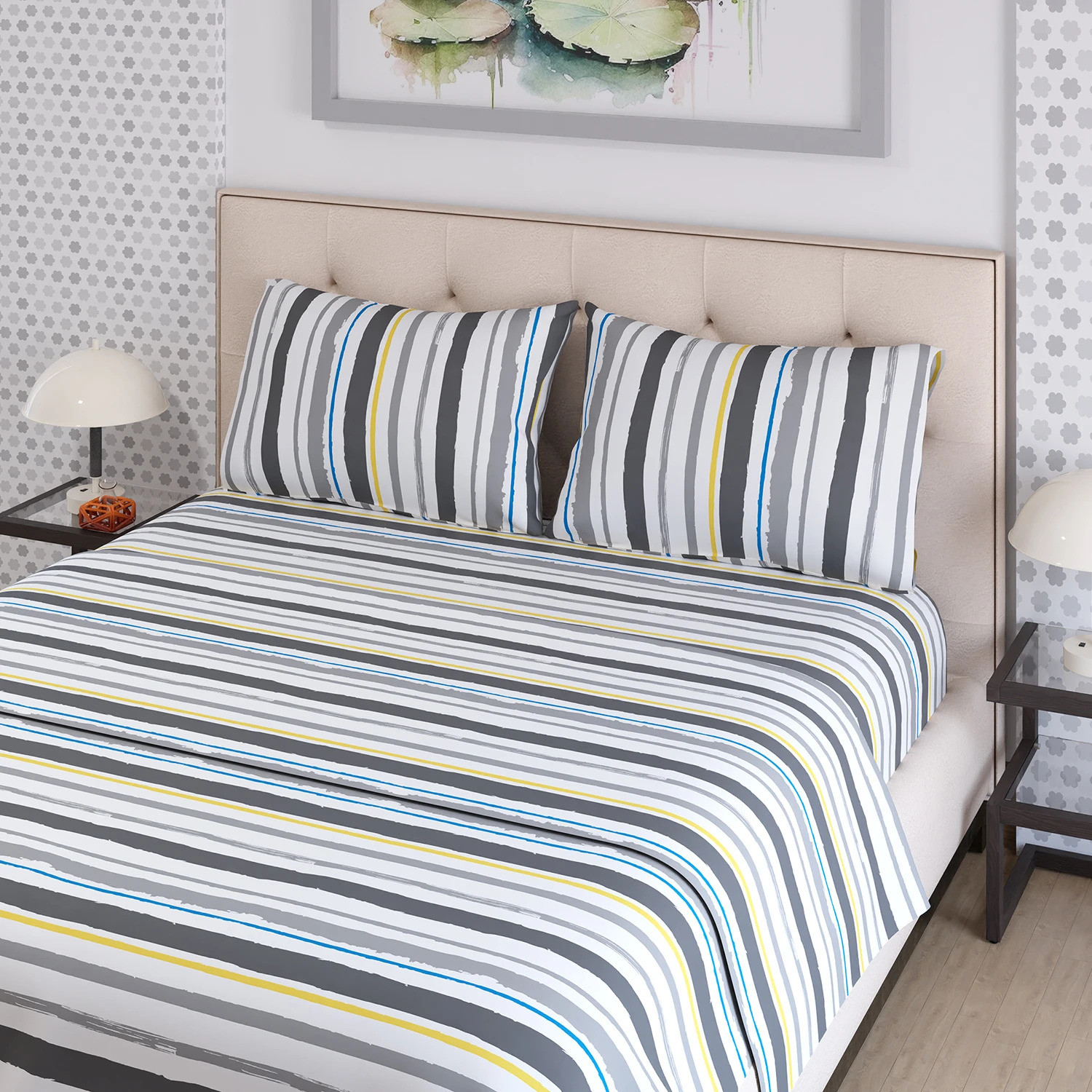 Image of Layers Cotton Blend Double Flat 225 TC Printed 1 Bedsheet with 2 Pillow Covers