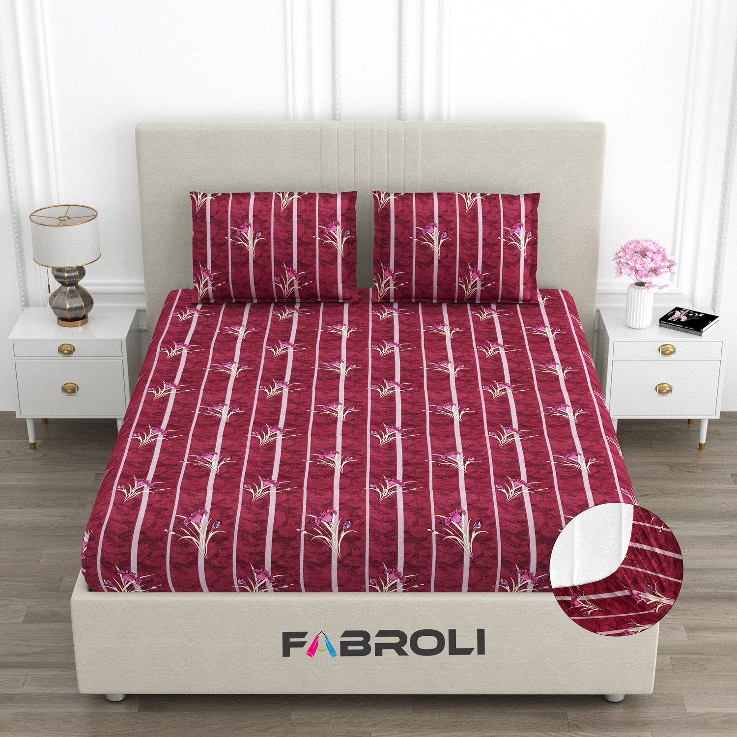 Image of Fabroli Cotton Double Fitted (Elastic) 300 TC Printed 1 Bedsheet with 2 Pillow Covers