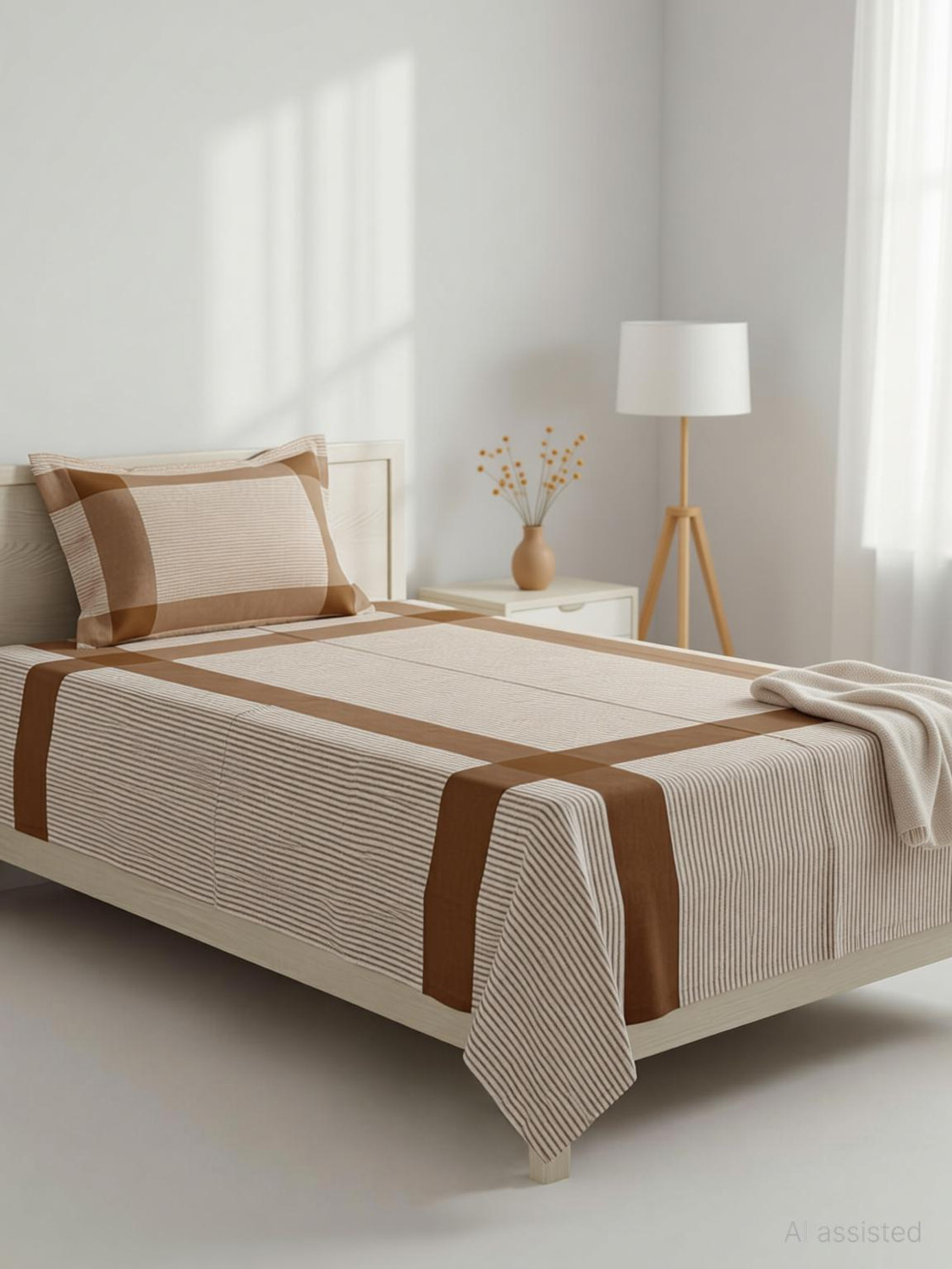 Image of TUNI MANI Cotton Single Flat 70 TC Striped 1 Bedsheet