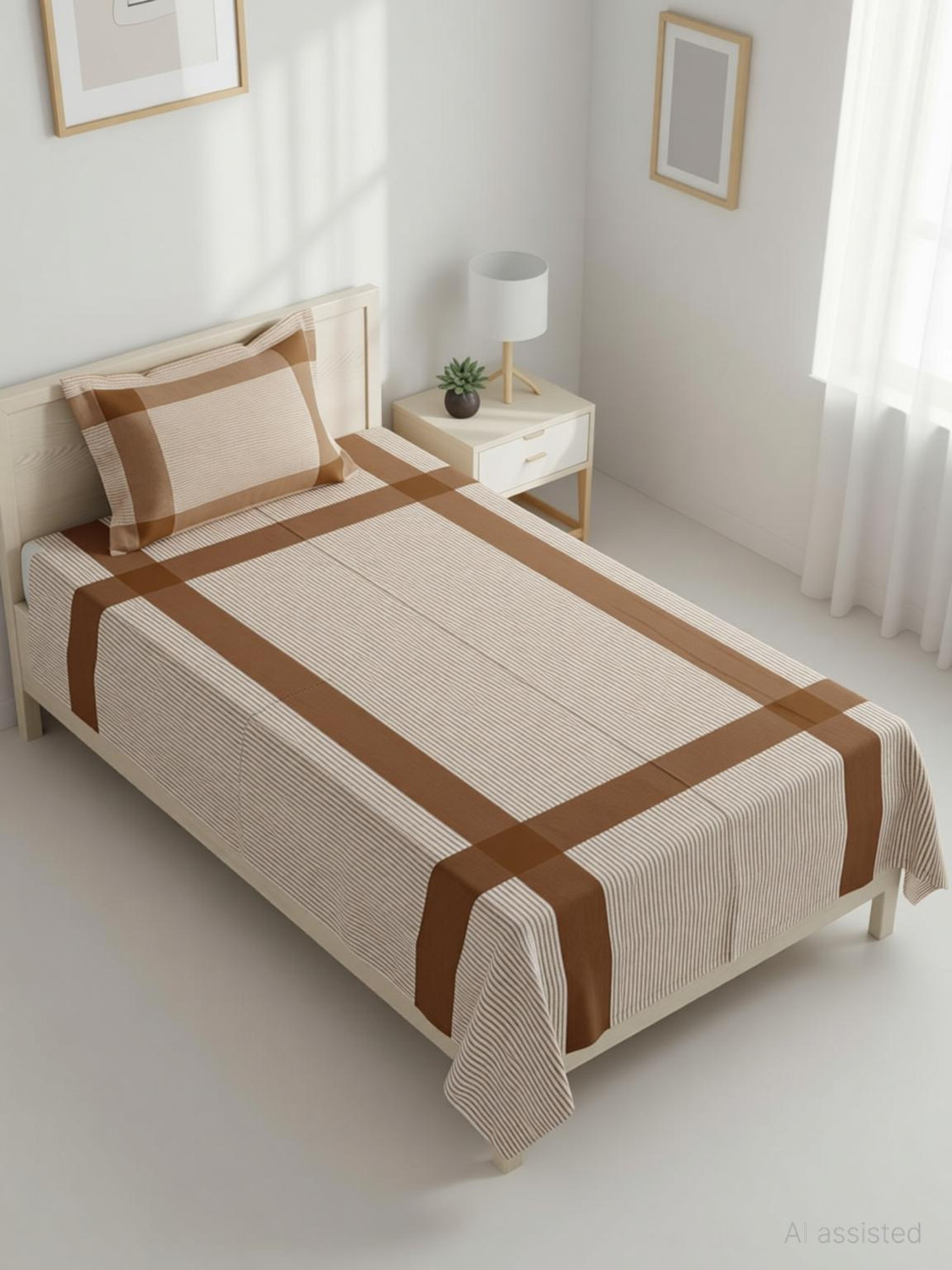 Image of TUNI MANI Cotton Single Flat 70 TC Striped 1 Bedsheet