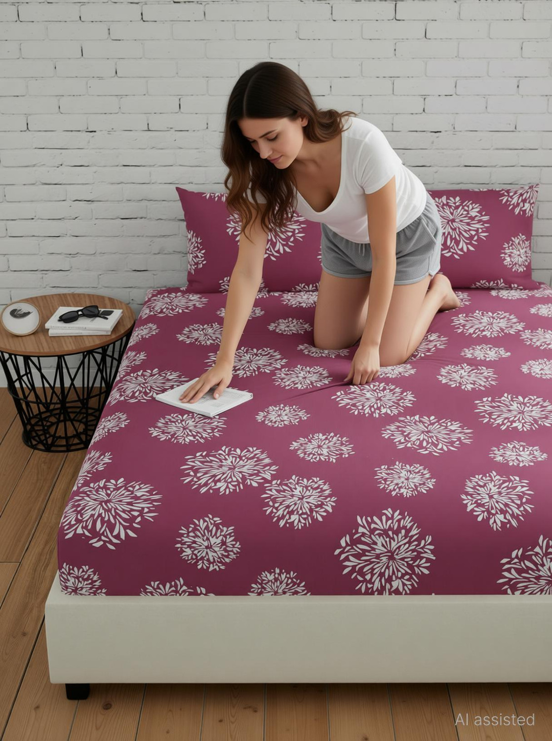 Image of Huesland Cotton King Fitted (Elastic) 144 TC Floral 1 Bedsheet with 2 Pillow Covers