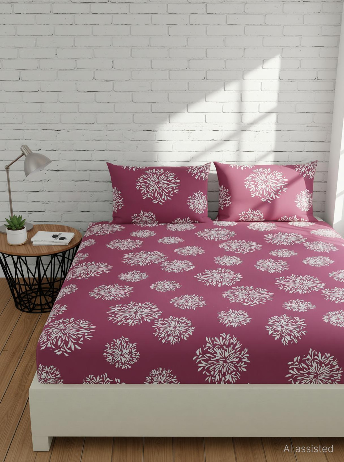 Image of Huesland Cotton King Fitted (Elastic) 144 TC Floral 1 Bedsheet with 2 Pillow Covers