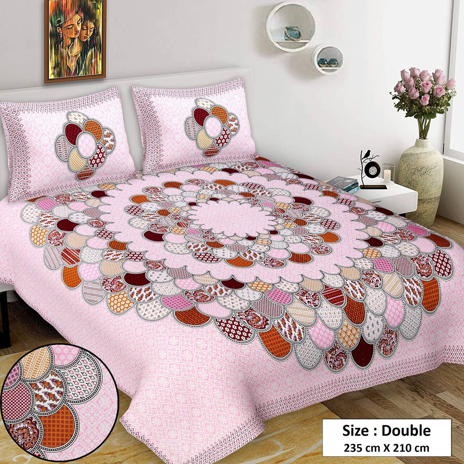VNV Creation Cotton Double Flat 144 TC Jaipuri Prints 1 Bedsheet