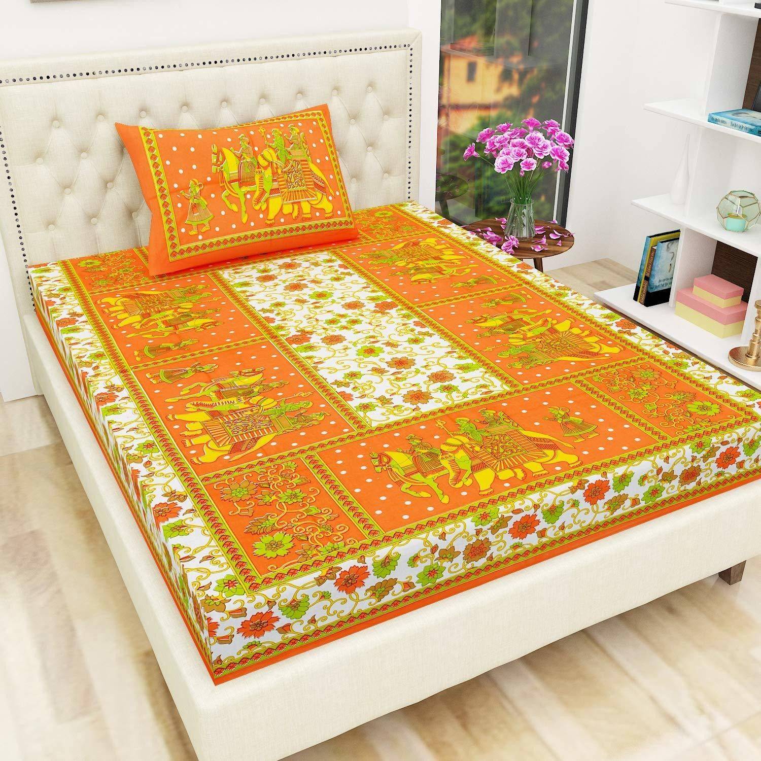 BedZone Cotton Single Fitted & Flat 220 TC Jaipuri Prints 1 Bedsheet with 2 Pillow Covers