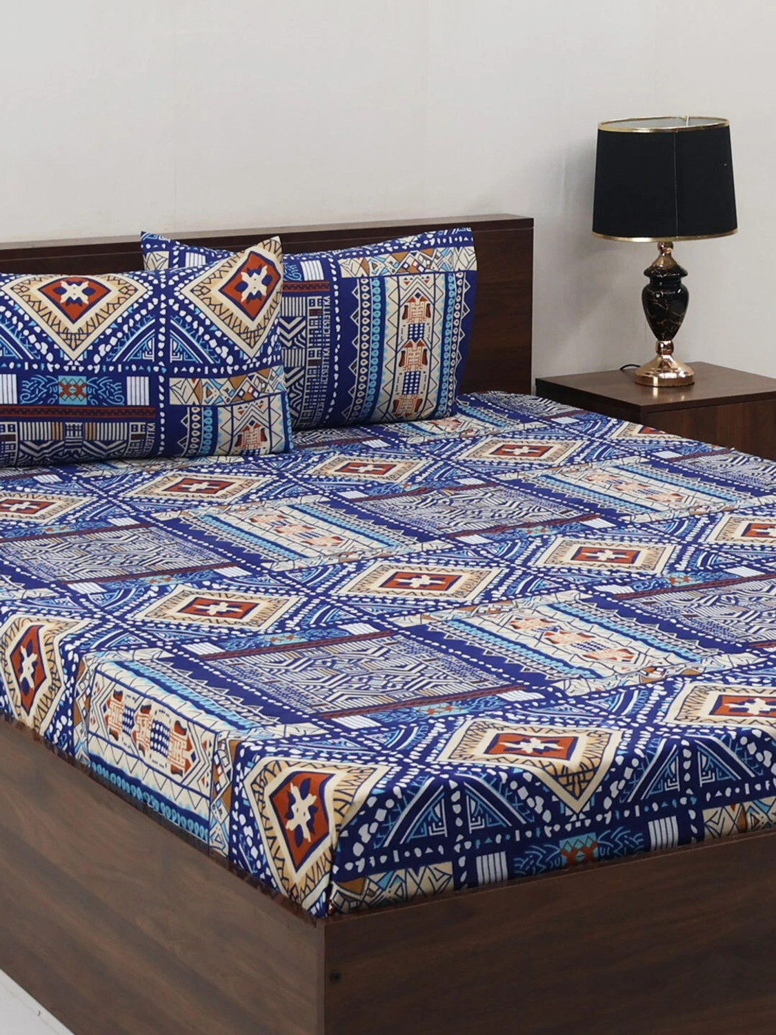 Image of Steve and Anderson Microfiber Double Flat 160 TC Geometric 1 Bedsheet with 2 Pillow Covers