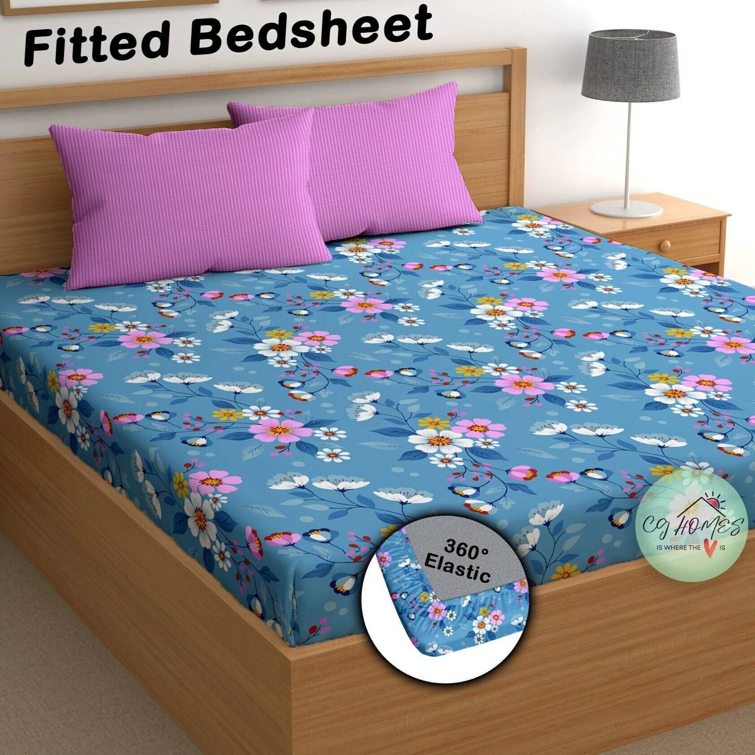 CG Homes Cotton Double Fitted (Elastic) 180 TC Printed 1 Bedsheet