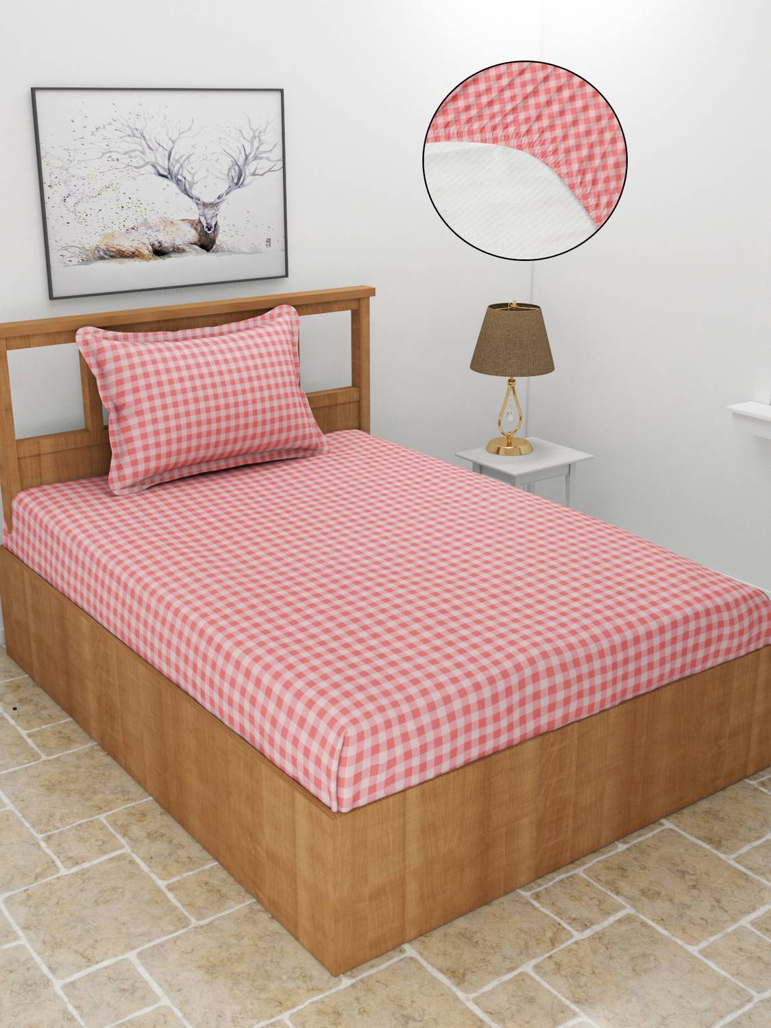 BREVARD Cotton Single Fitted (Elastic) 210 TC Geometric 1 Bedsheet with 2 Pillow Covers