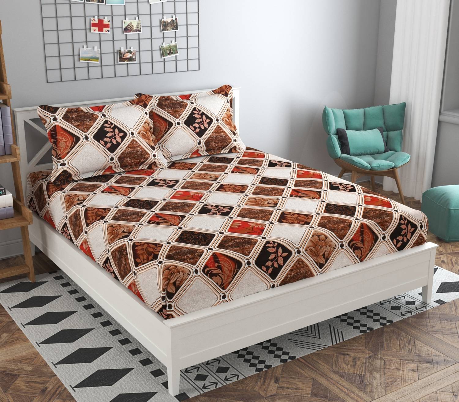 Abhsant Cotton King Fitted (Elastic) 210 TC Floral 1 Bedsheet with 2 Pillow Covers