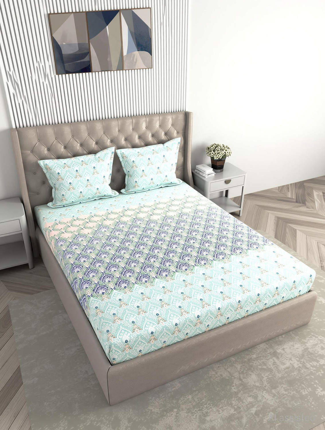 Image of Raymond Home Cotton King Fitted (Elastic) 140 TC Printed 1 Bedsheet
