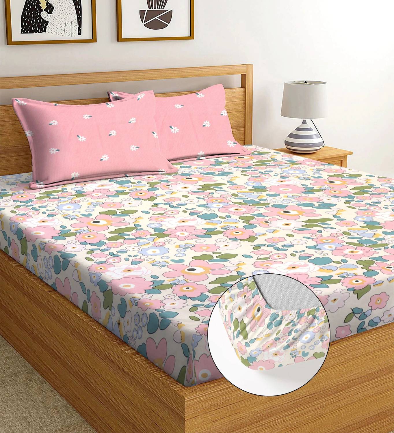 Moonroof Cotton King Fitted (Elastic) 255 TC Printed 1 Bedsheet w